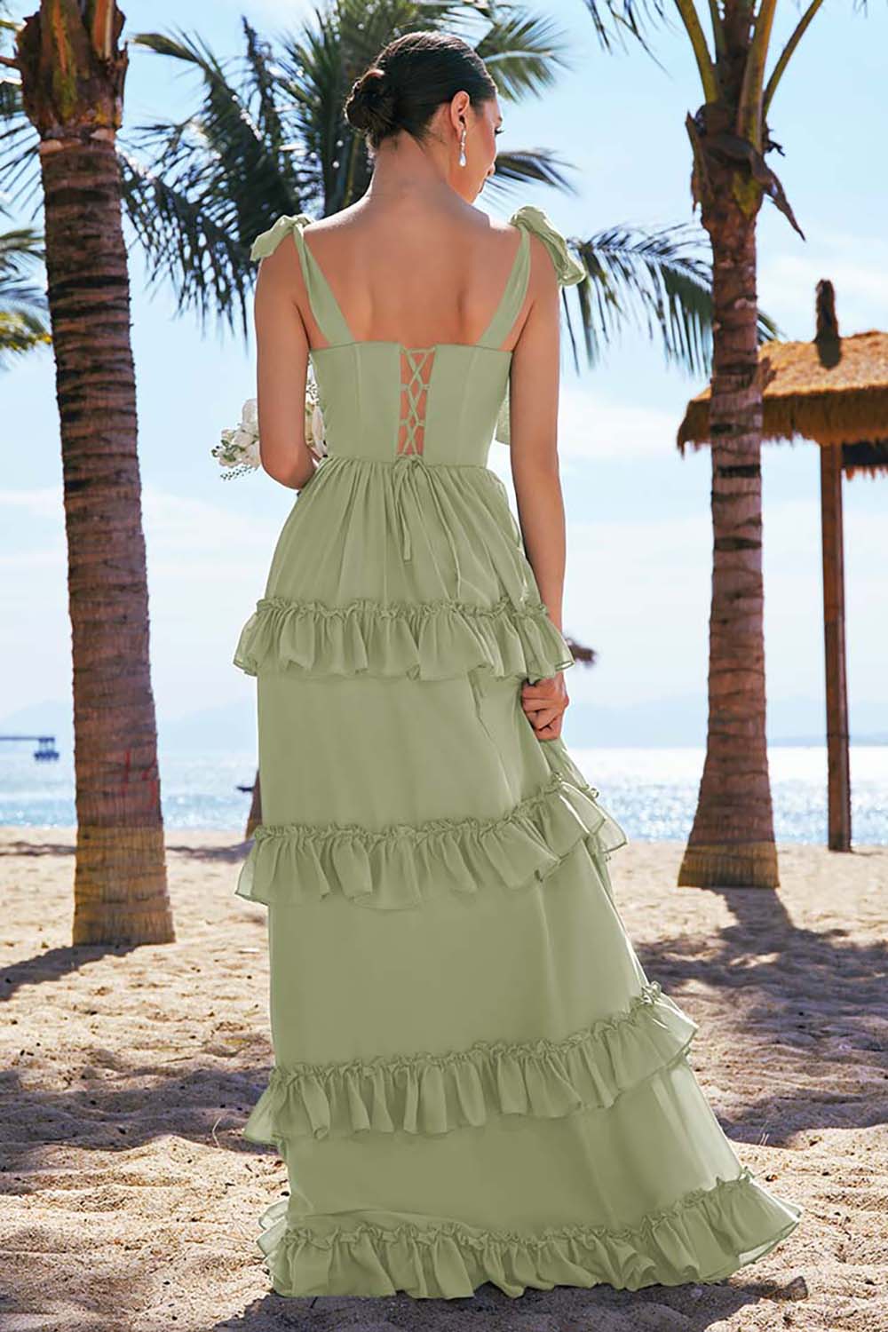 Robe longue de demoiselle d’honneur en mousseline de soie eucalyptus A ligne à bretelles avec corset noeud papillon et volants avec fente - Image 20