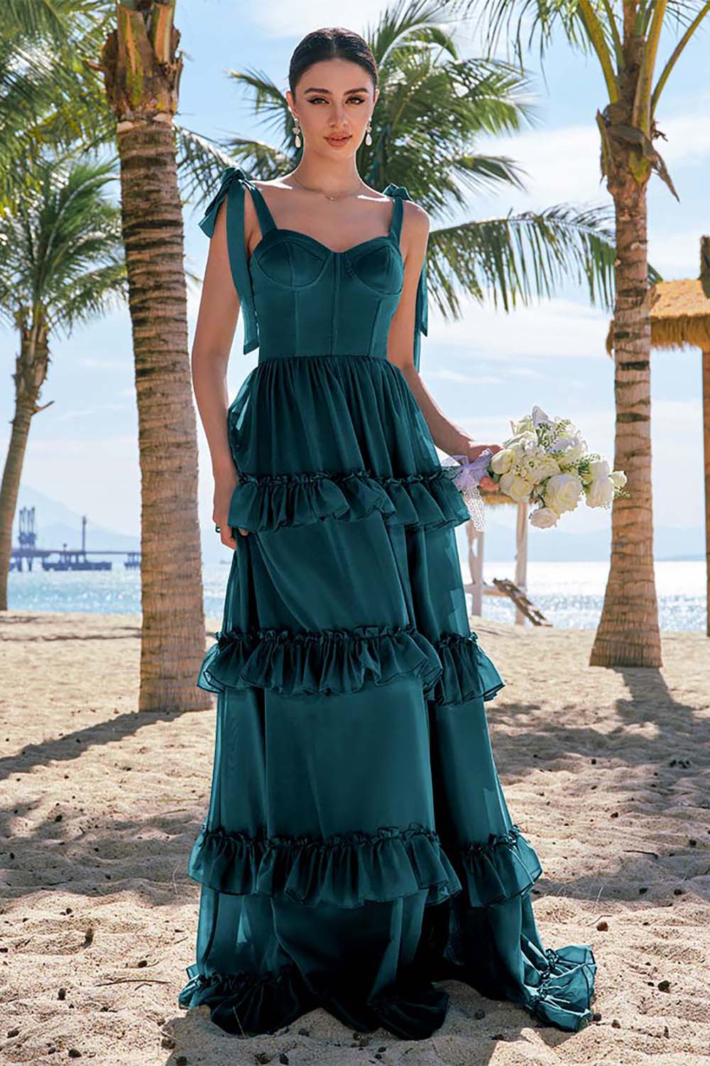 Robe longue de demoiselle d’honneur en mousseline de soie eucalyptus A ligne à bretelles avec corset noeud papillon et volants avec fente - Image 21