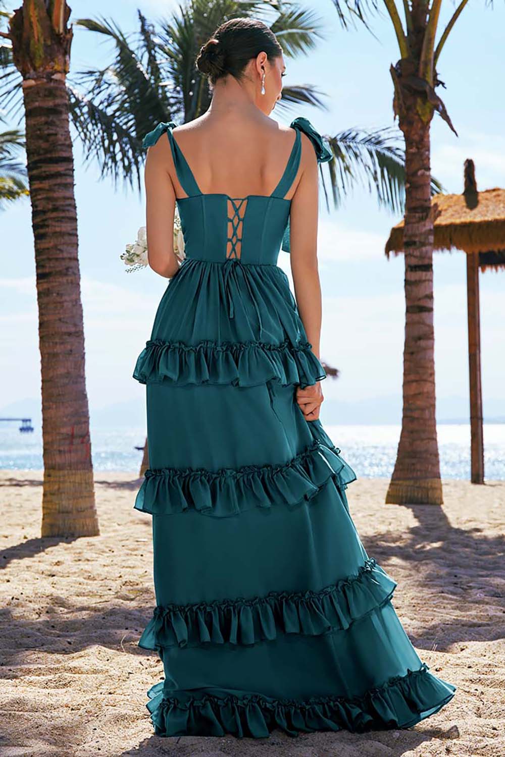 Robe longue de demoiselle d’honneur en mousseline de soie eucalyptus A ligne à bretelles avec corset noeud papillon et volants avec fente - Image 22