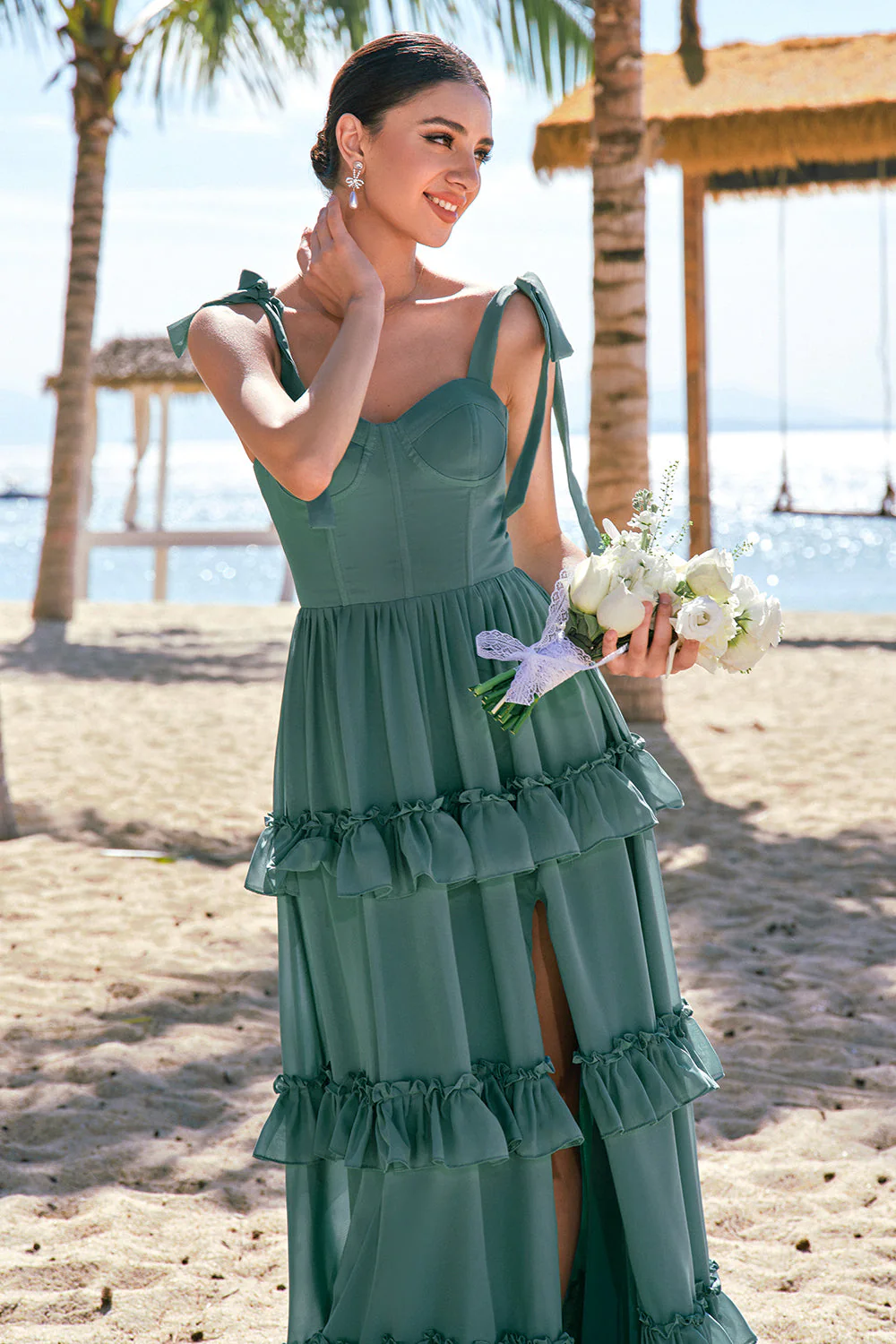 Eucalyptus A-ligne noeud papillon bretelles Corset Mousseline de soie Longue robe de demoiselle d’honneur avec fente - Image 5