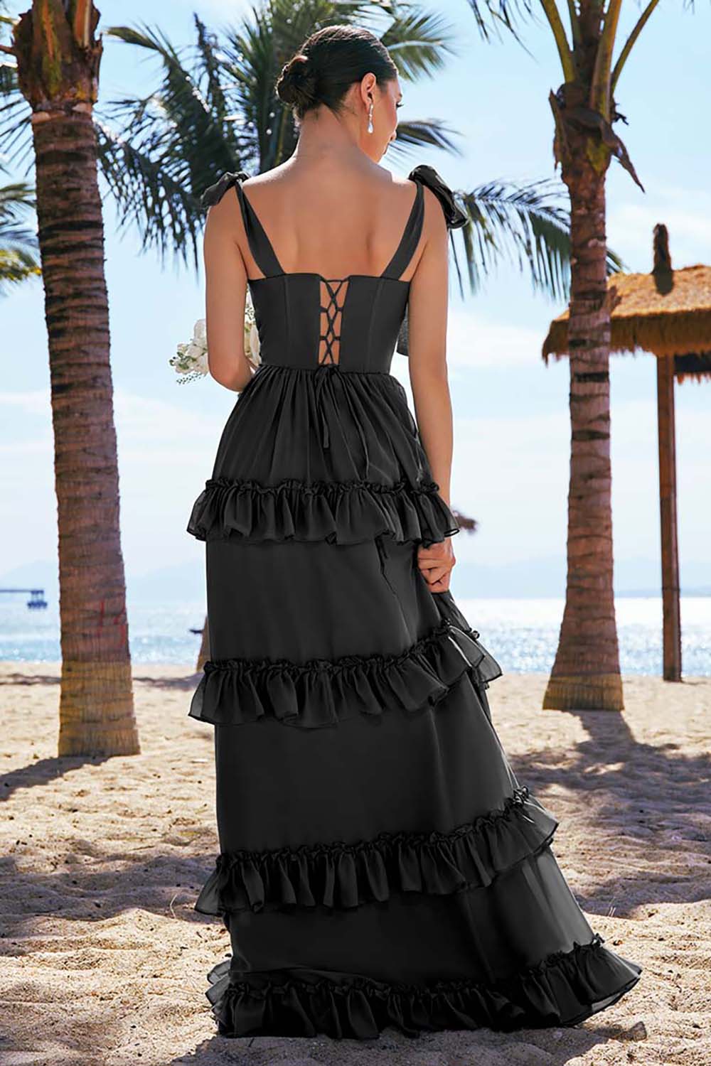 Robe longue de demoiselle d’honneur en mousseline de soie eucalyptus A ligne à bretelles avec corset noeud papillon et volants avec fente - Image 8