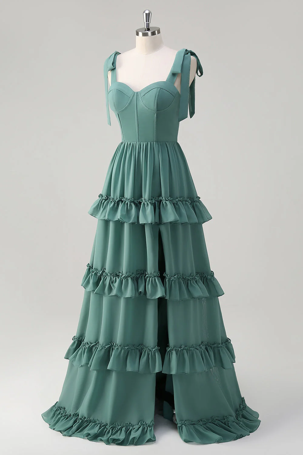 Robe longue de demoiselle d’honneur en mousseline de soie eucalyptus A ligne à bretelles avec corset noeud papillon et volants avec fente - Image 3