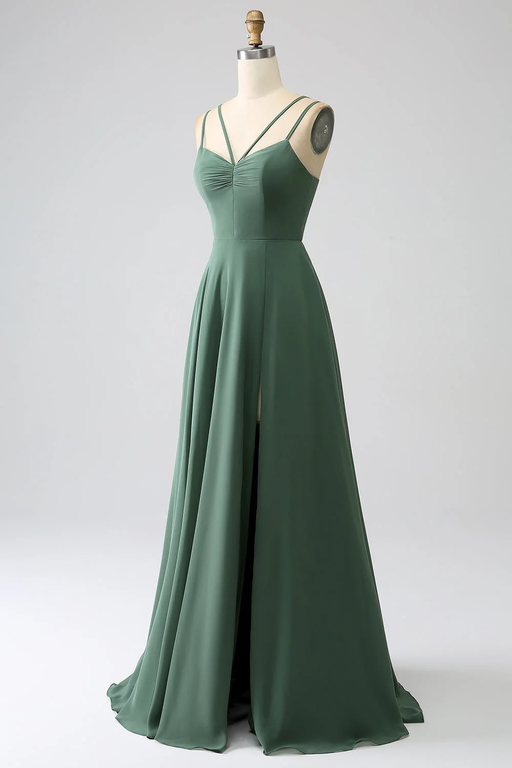 Eucalyptus A-ligne Spaghetti Bretelles Dos Nu Plissé Longue Robe De Demoiselle D’honneur - Image 3