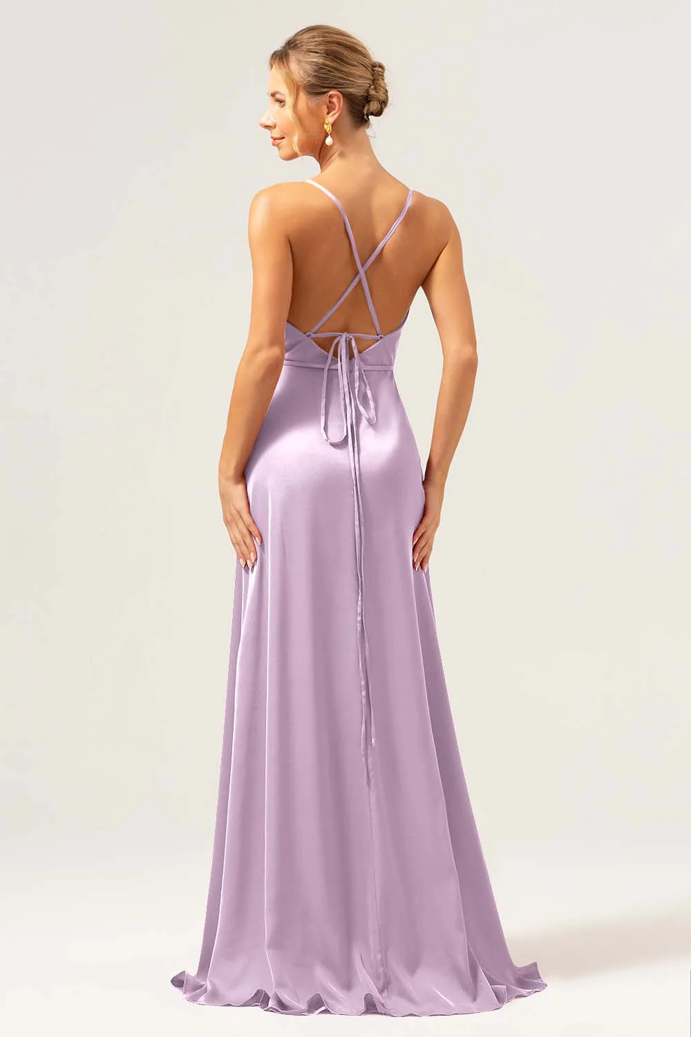 Eucalyptus A Ligne Spaghetti Bretelles Dos Nu Satin Longue Robe de demoiselle d’honneur avec Fente - Image 10
