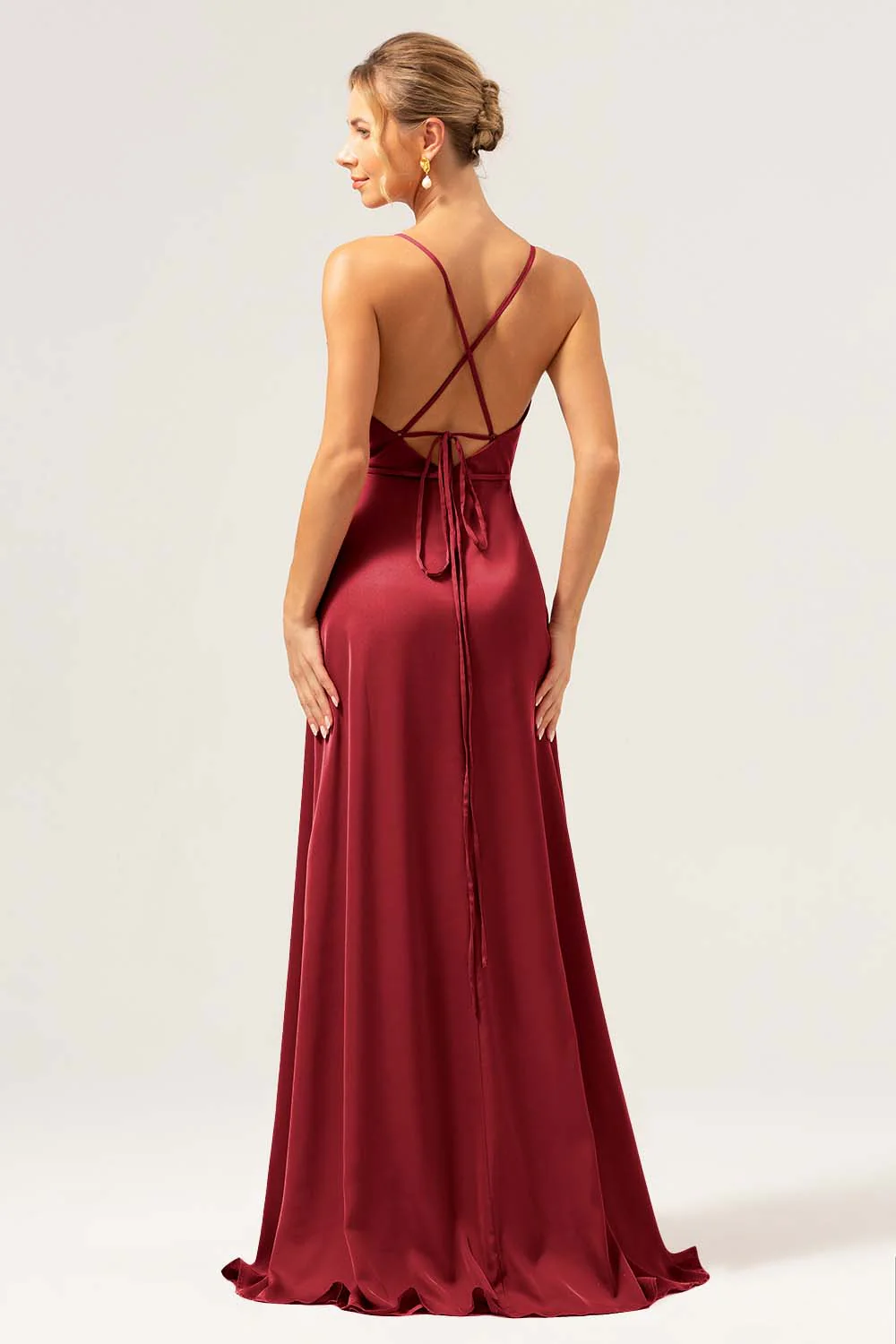 Eucalyptus A Ligne Spaghetti Bretelles Dos Nu Satin Longue Robe de demoiselle d’honneur avec Fente - Image 11