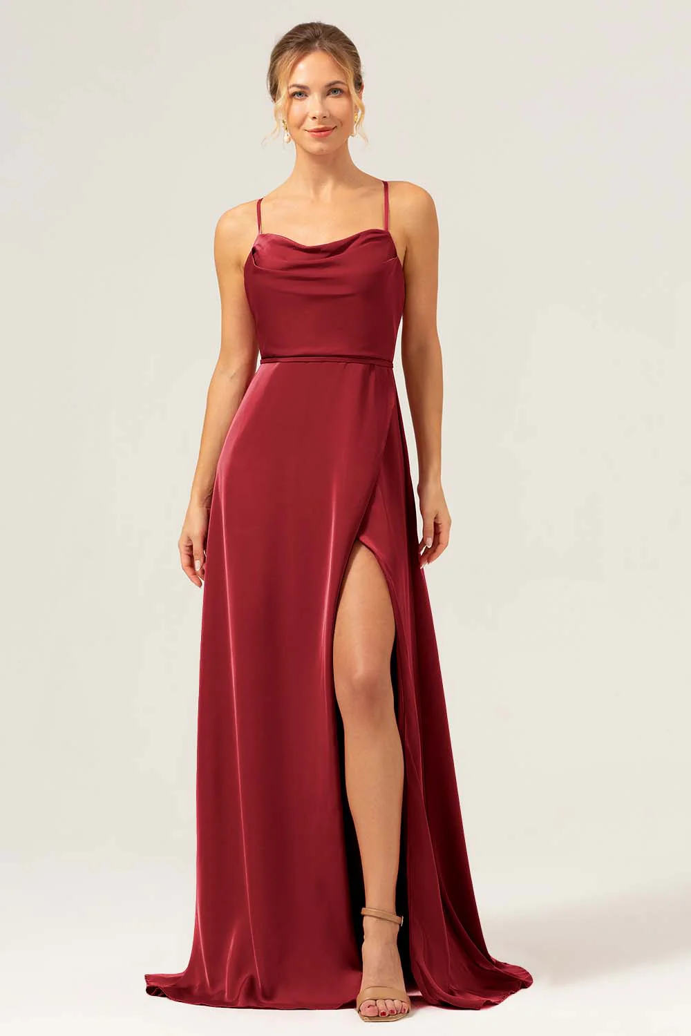 Eucalyptus A Ligne Spaghetti Bretelles Dos Nu Satin Longue Robe de demoiselle d’honneur avec Fente - Image 12