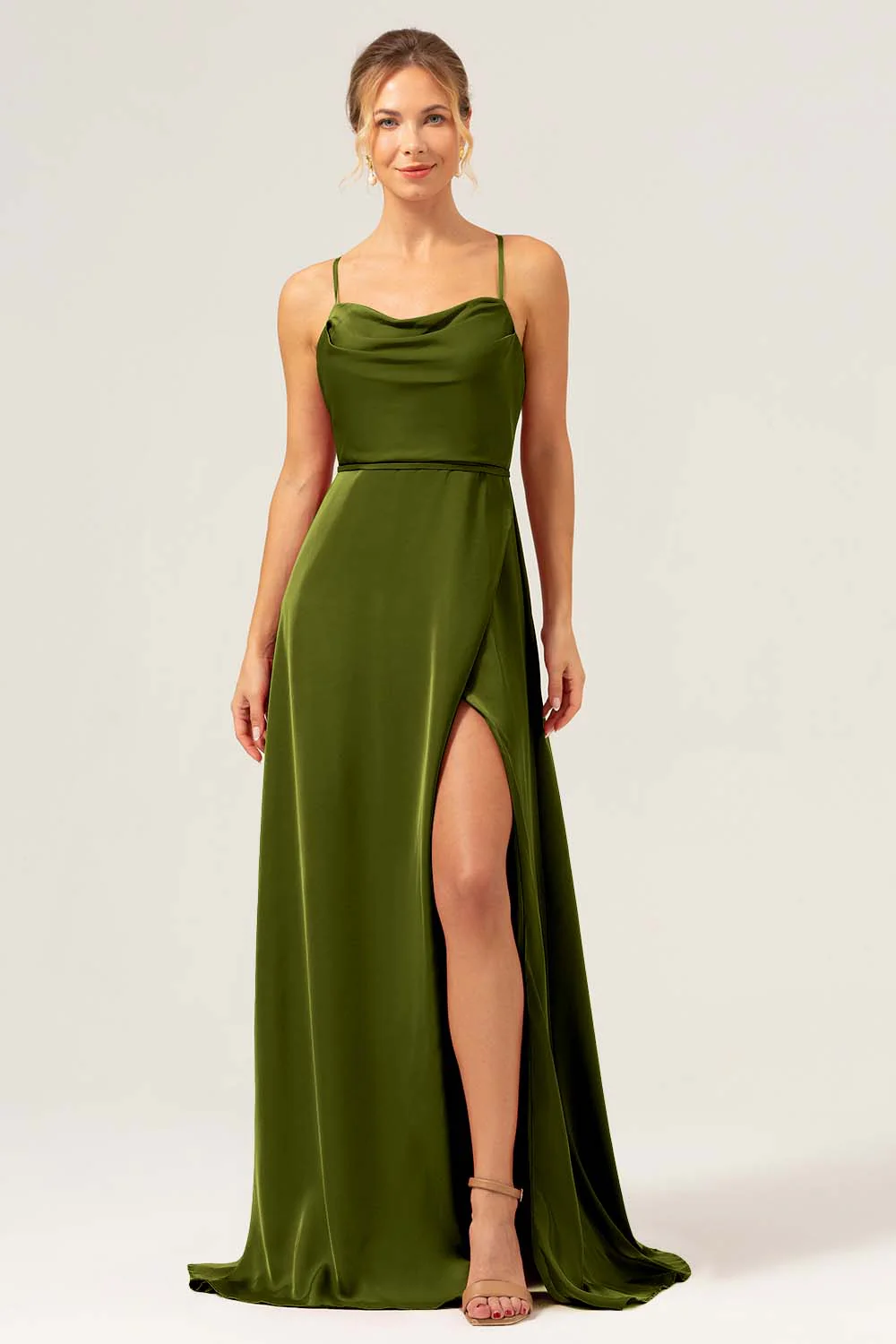 Eucalyptus A Ligne Spaghetti Bretelles Dos Nu Satin Longue Robe de demoiselle d’honneur avec Fente - Image 3