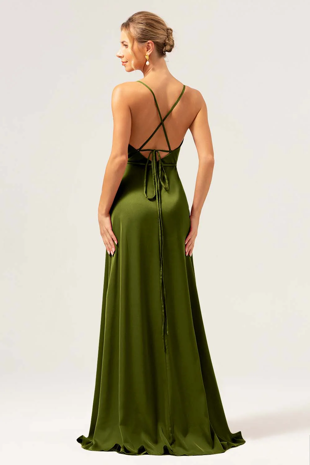 Eucalyptus A Ligne Spaghetti Bretelles Dos Nu Satin Longue Robe de demoiselle d’honneur avec Fente - Image 4