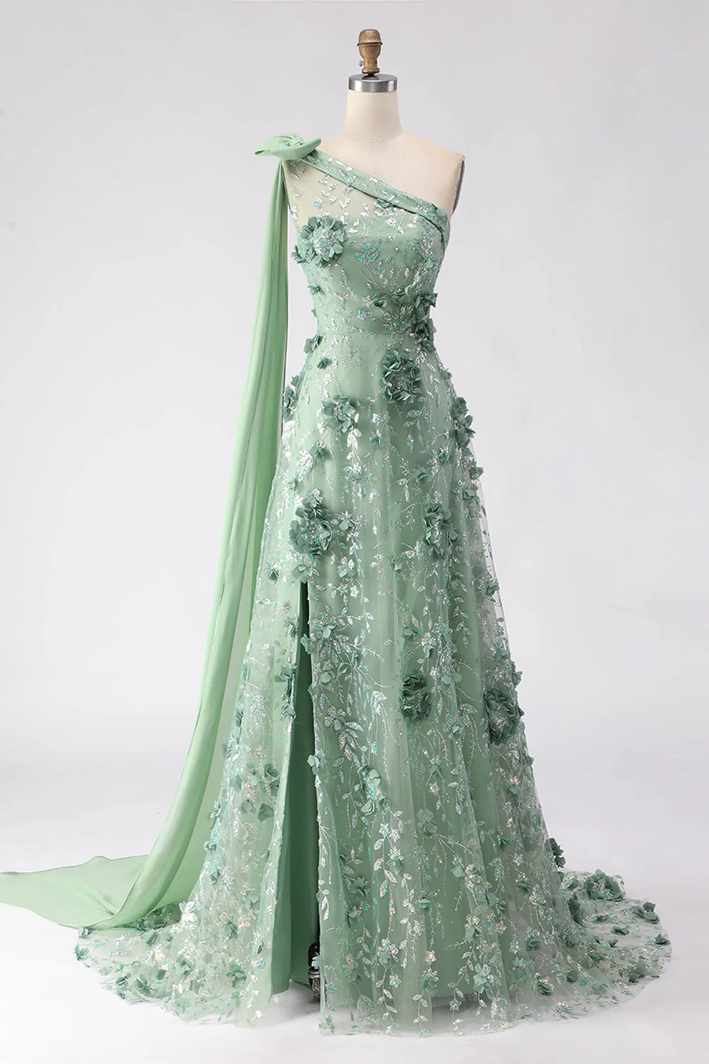 Eucalyptus Sequins ligne A à une épaule Fleurs 3D Robe de bal longue avec fente