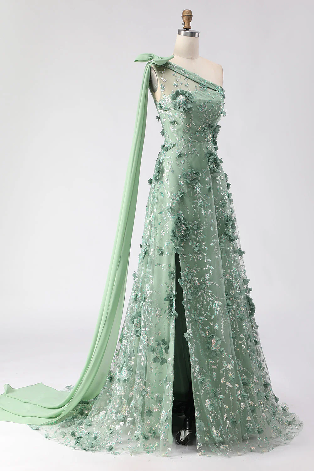 Eucalyptus Sequins ligne A à une épaule Fleurs 3D Robe de bal longue avec fente - Image 3