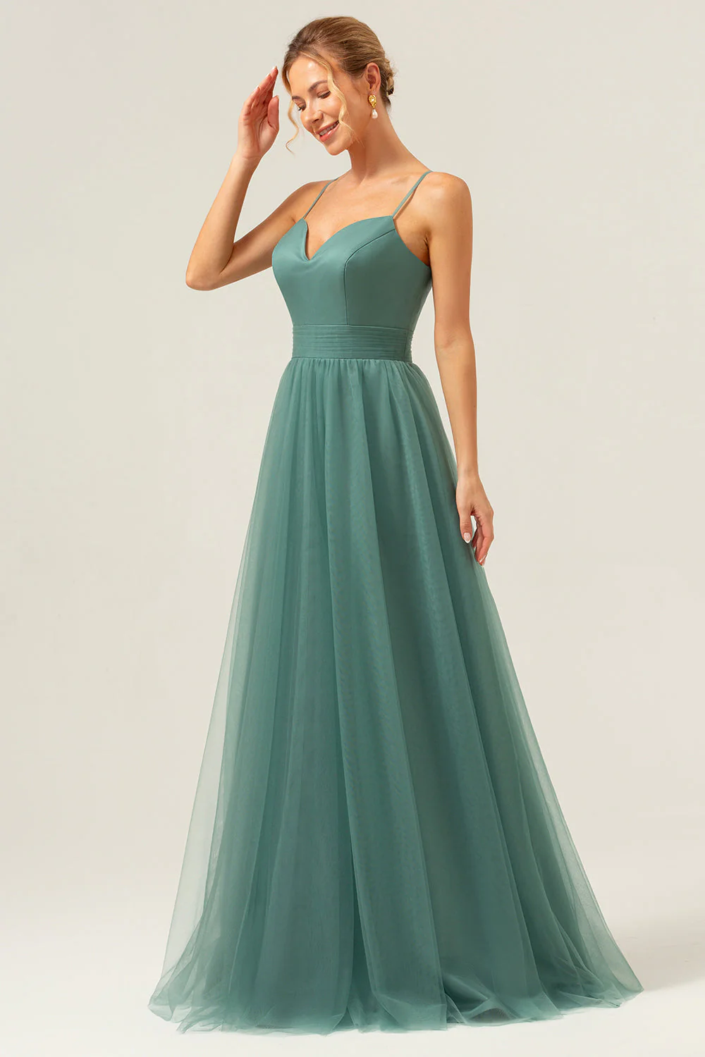 Eucalyptus spaghetti bretelles Tulle Trapèze Robe de demoiselle d’honneur longue - Image 5