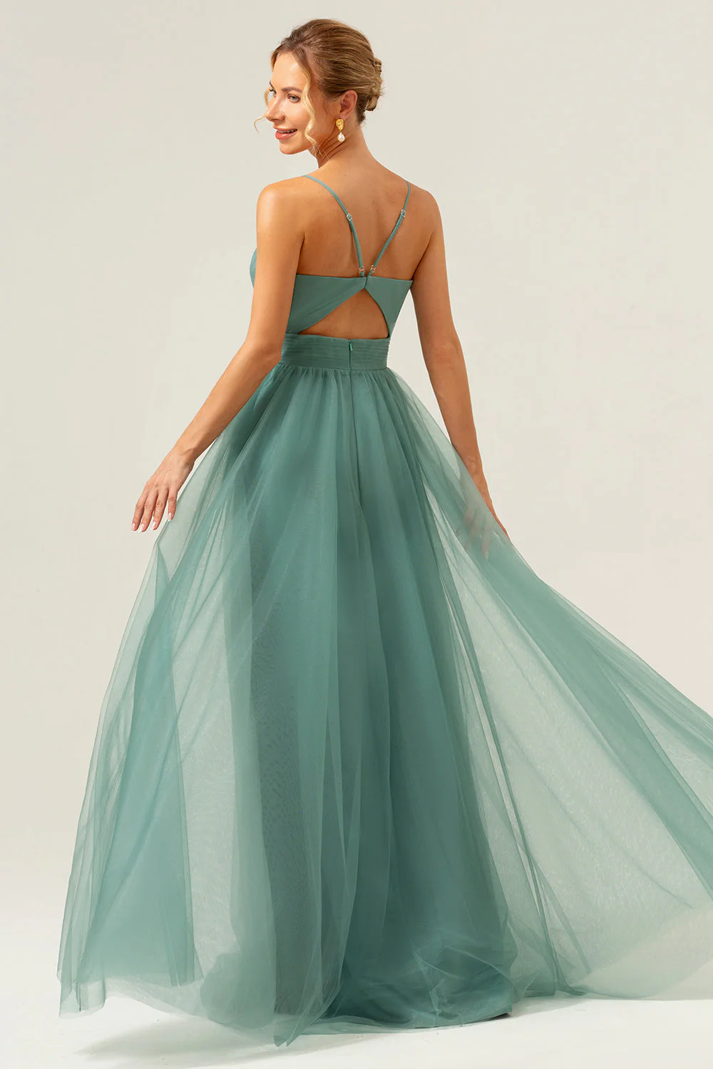 Eucalyptus spaghetti bretelles Tulle Trapèze Robe de demoiselle d’honneur longue - Image 7