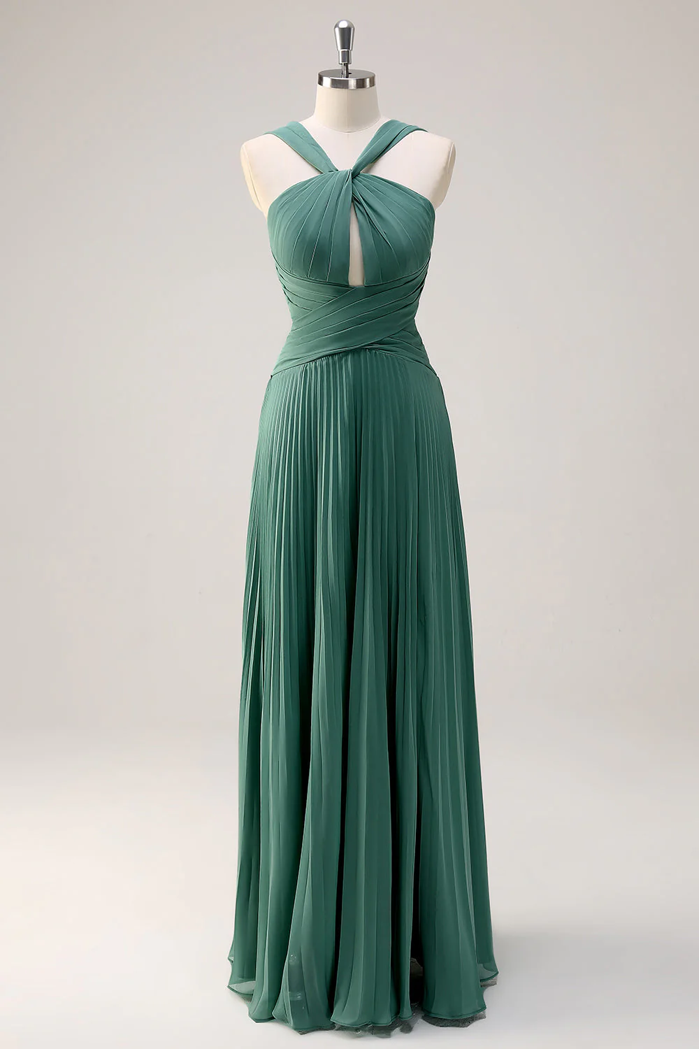 Eucalyptus Une Ligne Dos Nu Col Mousseline Plissé Longue Robe de demoiselle d’honneur