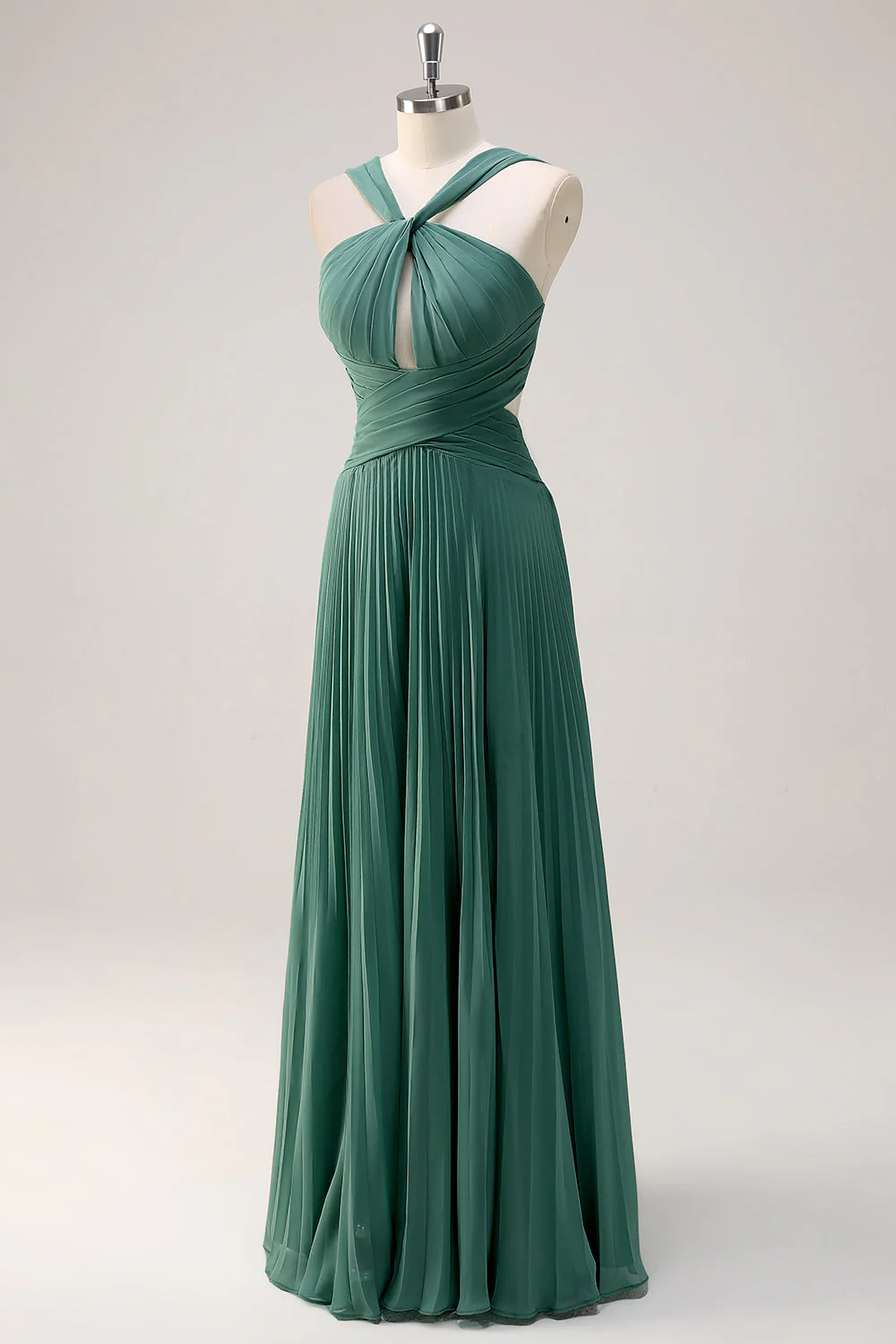 Eucalyptus Une Ligne Dos Nu Col Mousseline Plissé Longue Robe de demoiselle d’honneur - Image 3