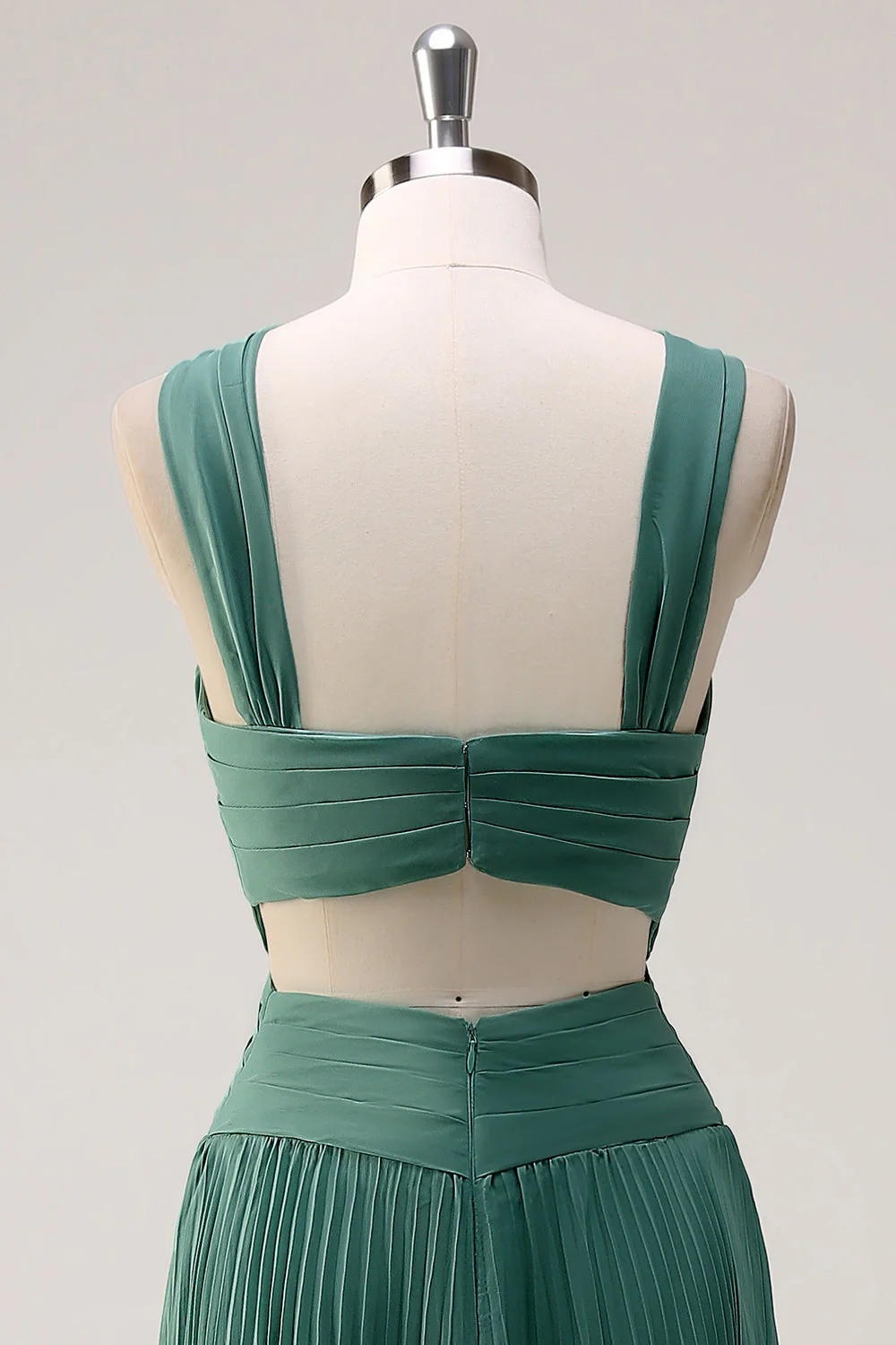 Eucalyptus Une Ligne Dos Nu Col Mousseline Plissé Longue Robe de demoiselle d’honneur - Image 5