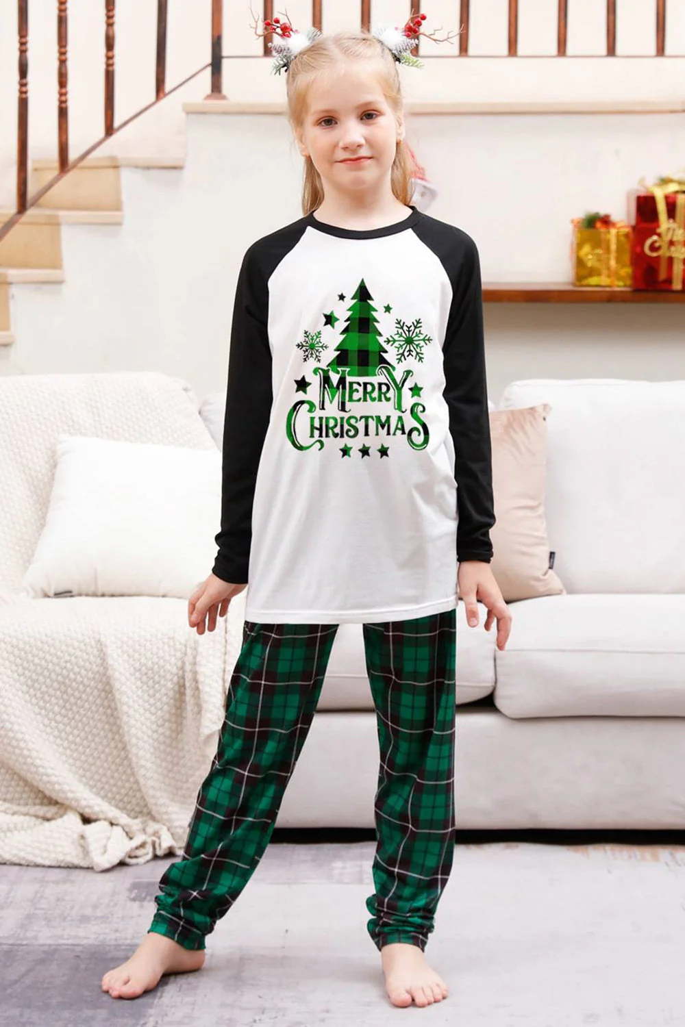 Famille à carreaux verts Joyeux ensembles de pyjama de Noël - Image 13