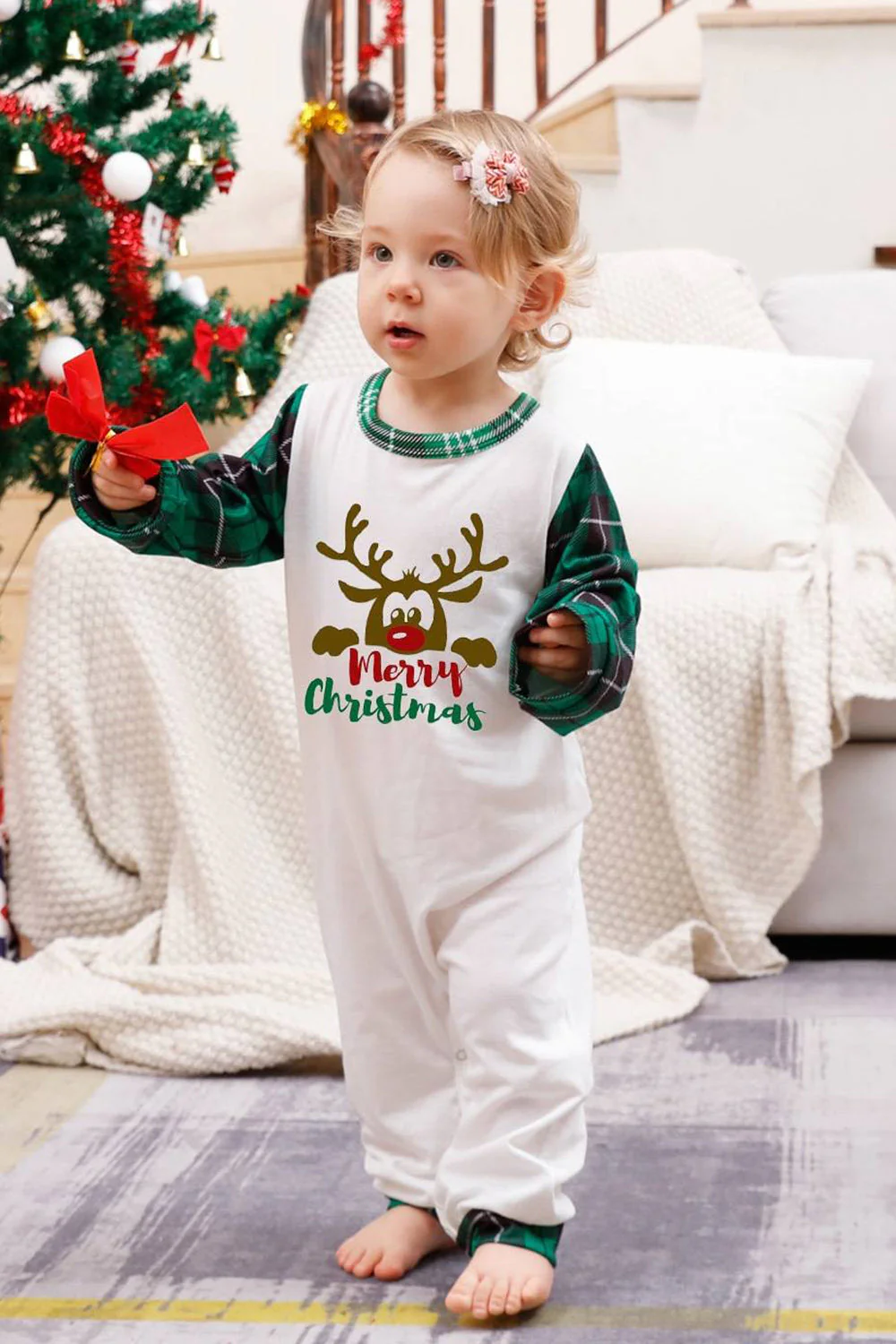 Famille à carreaux verts Joyeux ensembles de pyjama de Noël - Image 7