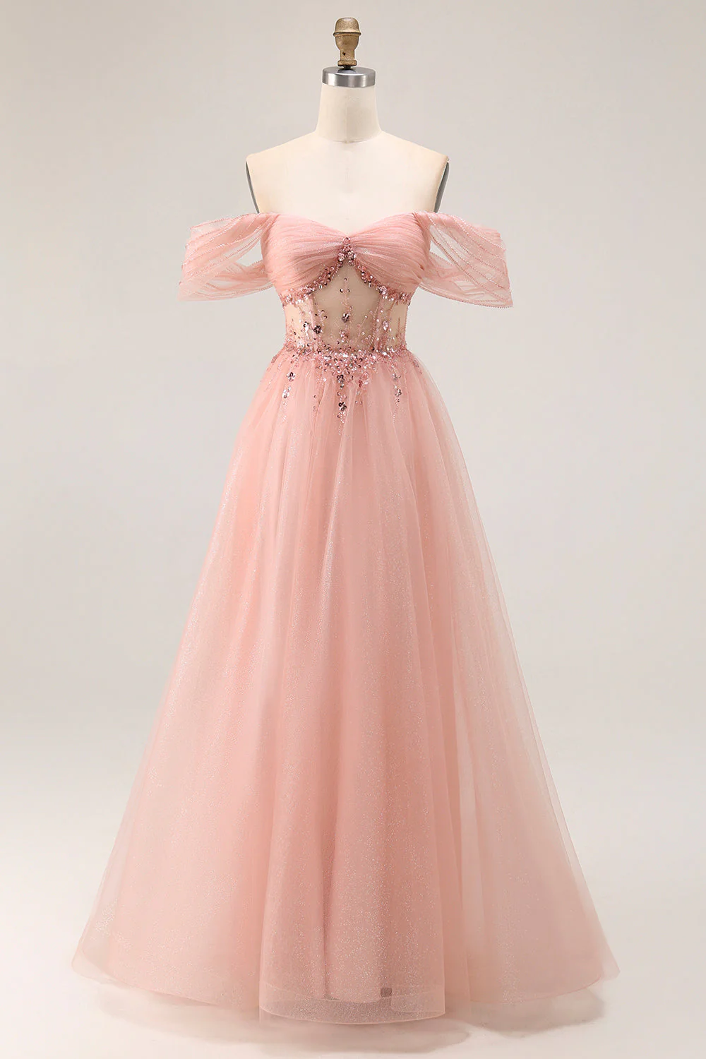 Robe de soirée longue à une épaule perlée en tulle coupe A
