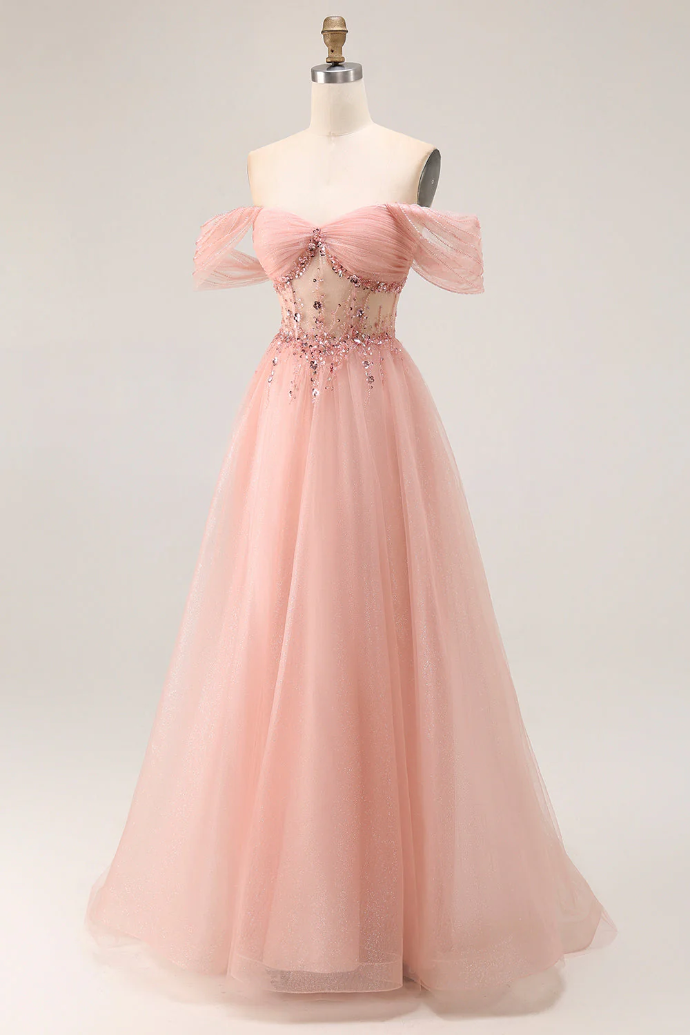 Robe de soirée longue à une épaule perlée en tulle coupe A - Image 3