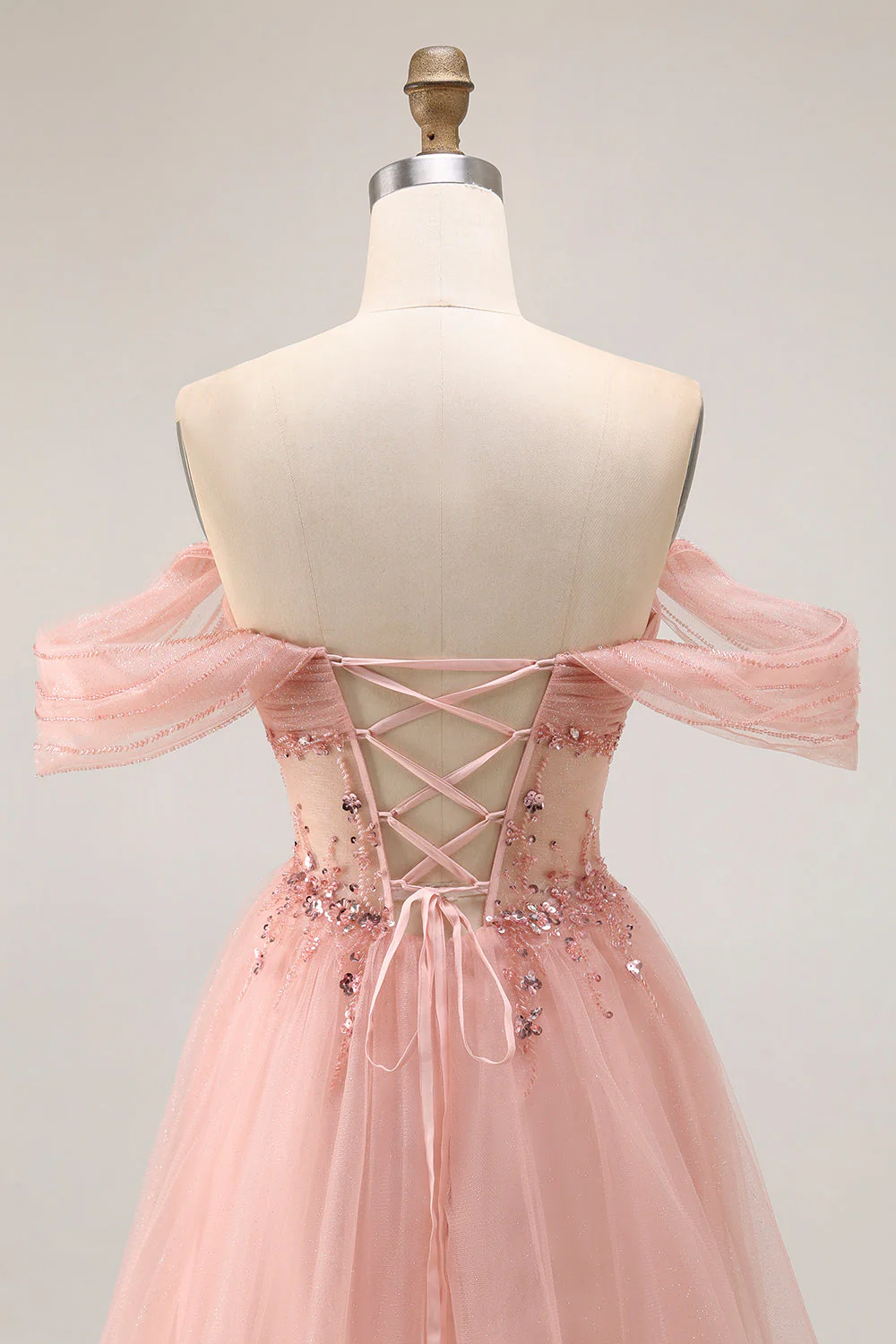 Robe de soirée longue à une épaule perlée en tulle coupe A - Image 5