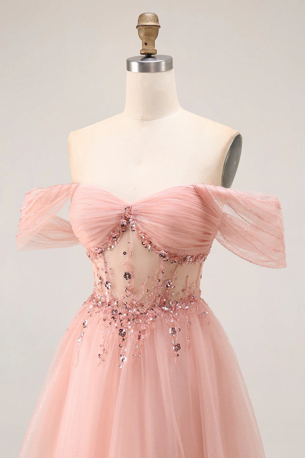Robe de soirée longue à une épaule perlée en tulle coupe A - Image 6