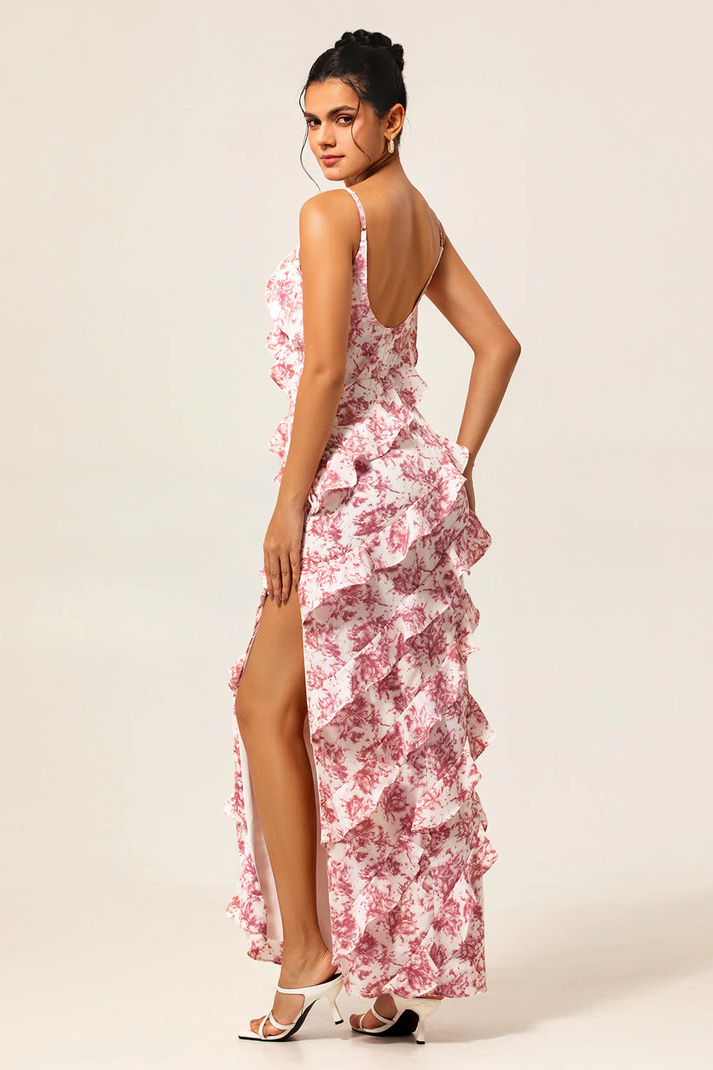 Fard à joues Floral Gaine Volanté Longue Robe d’Invité de Mariage avec Fente - Image 2