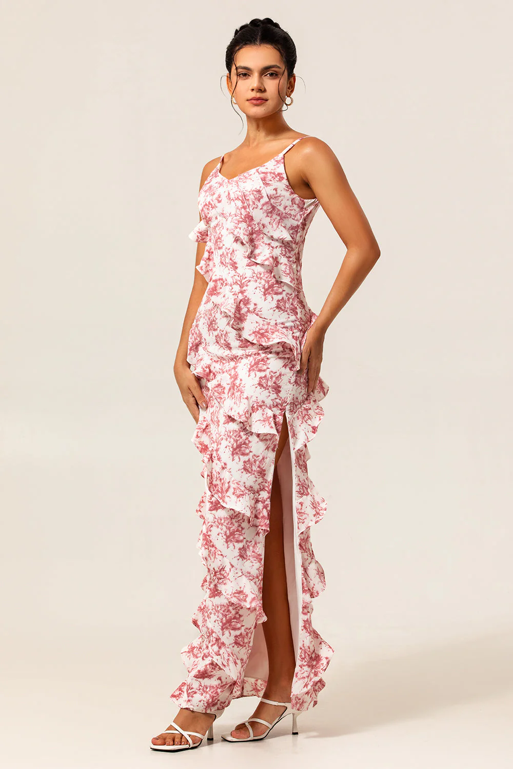 Fard à joues Floral Gaine Volanté Longue Robe d’Invité de Mariage avec Fente - Image 3