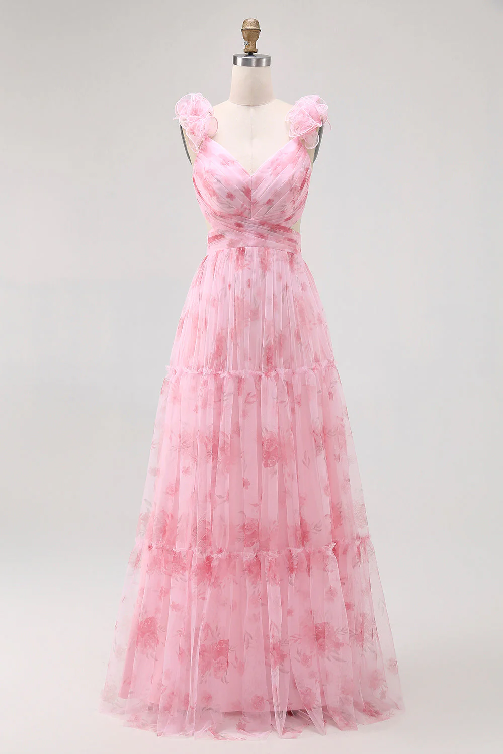 Fard à joues floral imprimé une longue robe de demoiselle d’honneur en tulle ligne avec volants