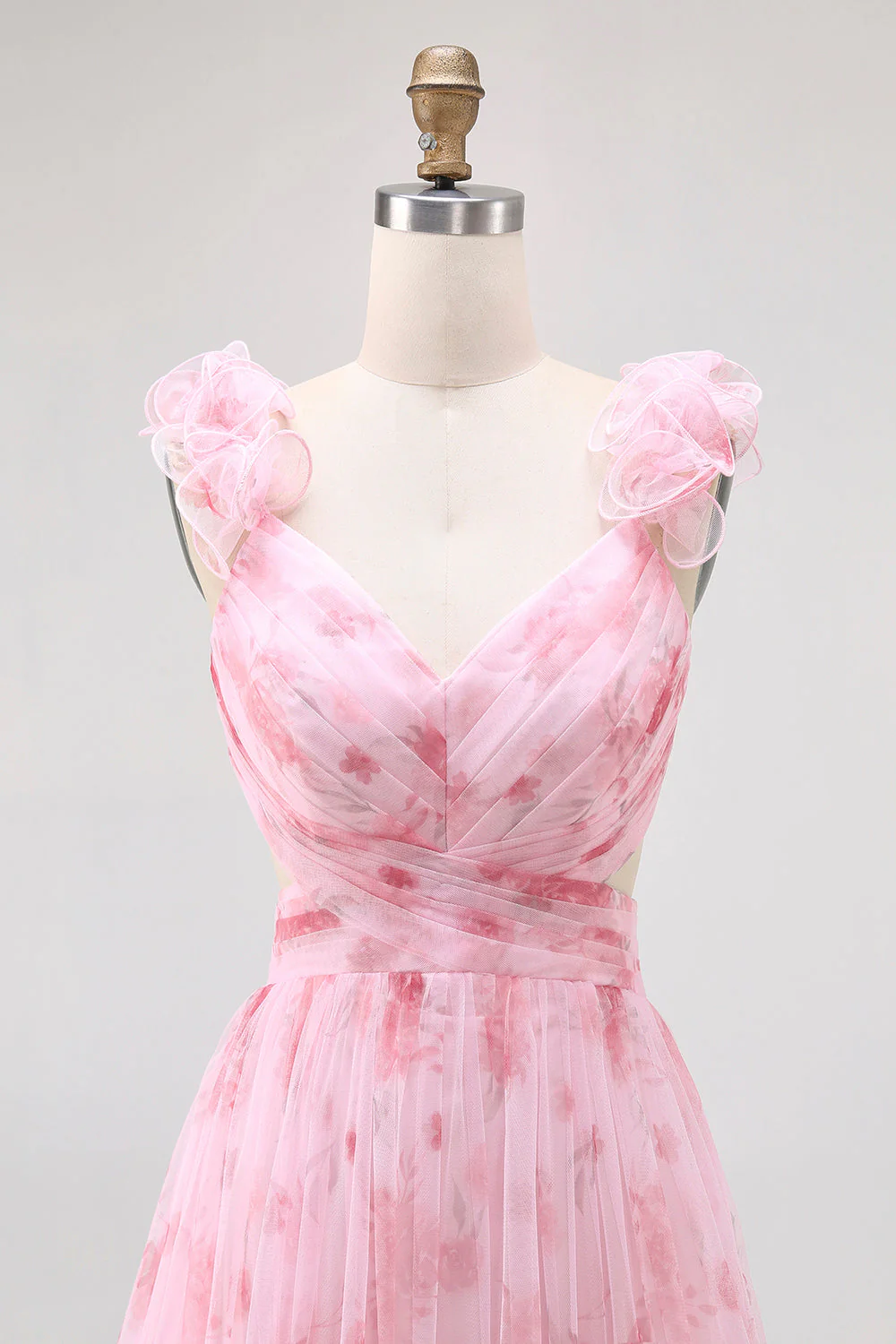 Fard à joues floral imprimé une longue robe de demoiselle d’honneur en tulle ligne avec volants - Image 4