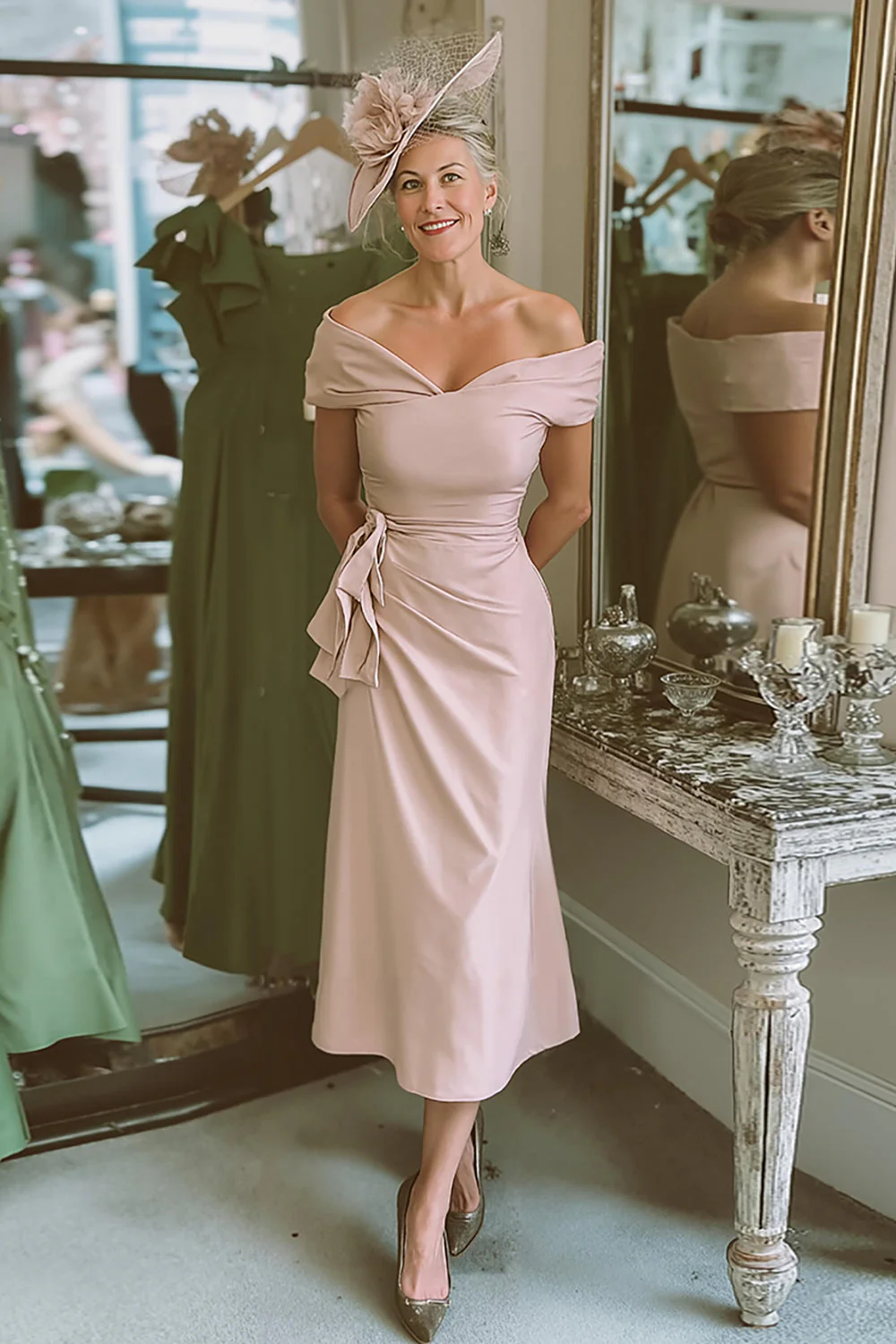 Fard à joues rose dénudé épaule fourreau satin Robe mère de la mariée