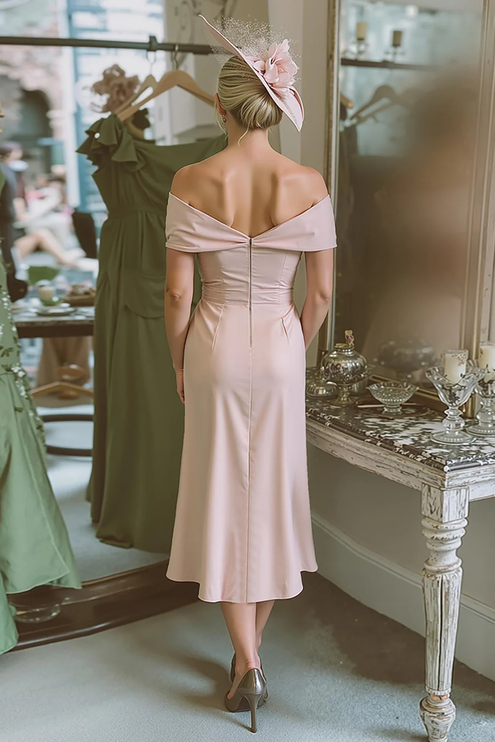 Fard à joues rose dénudé épaule fourreau satin Robe mère de la mariée - Image 2