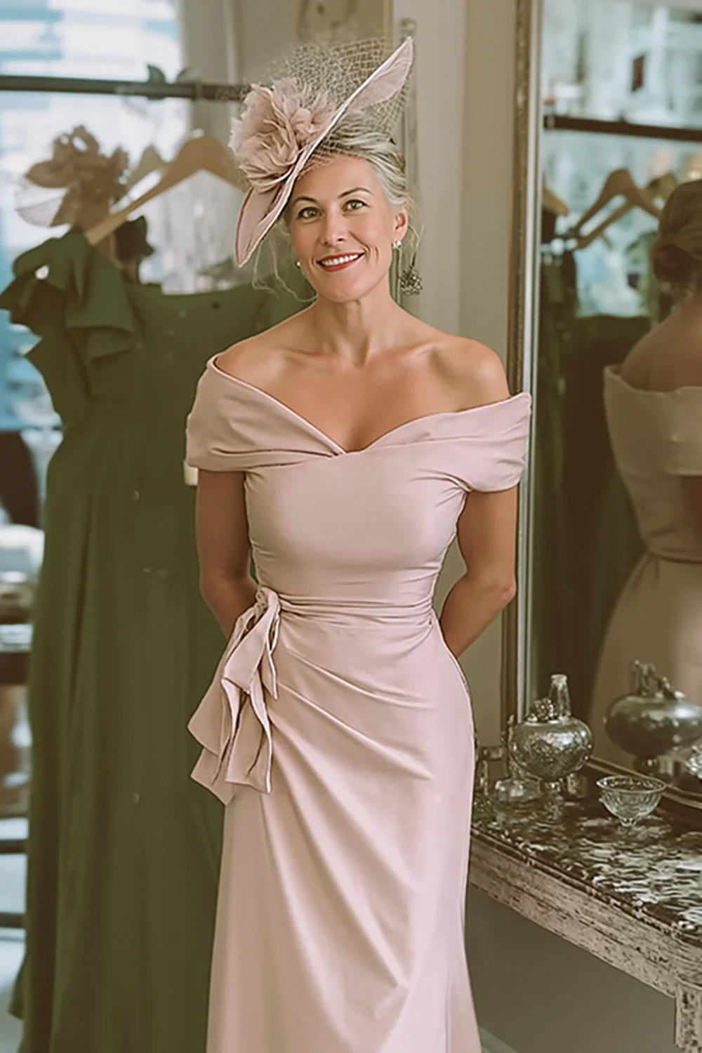 Fard à joues rose dénudé épaule fourreau satin Robe mère de la mariée - Image 3