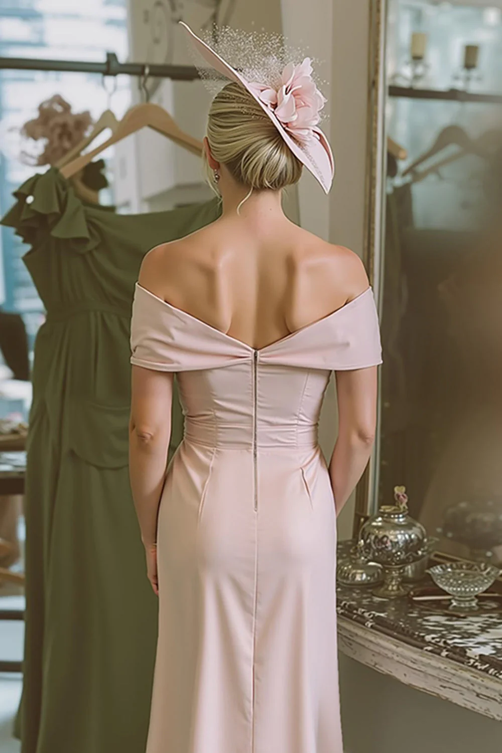 Fard à joues rose dénudé épaule fourreau satin Robe mère de la mariée - Image 4