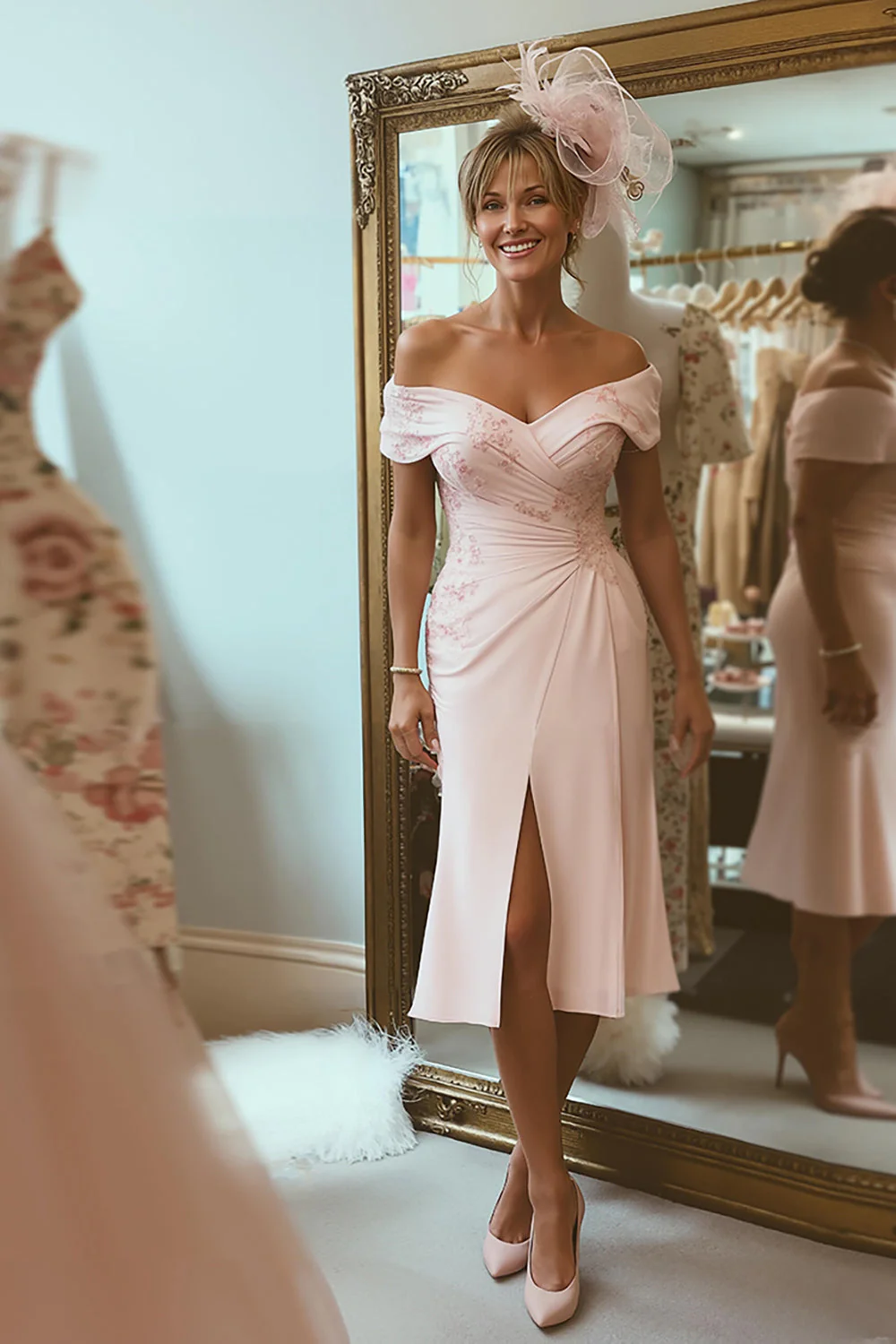 Fard à joues rose fourreau dénudé de l’épaule de la mère de la mariée robe avec fente
