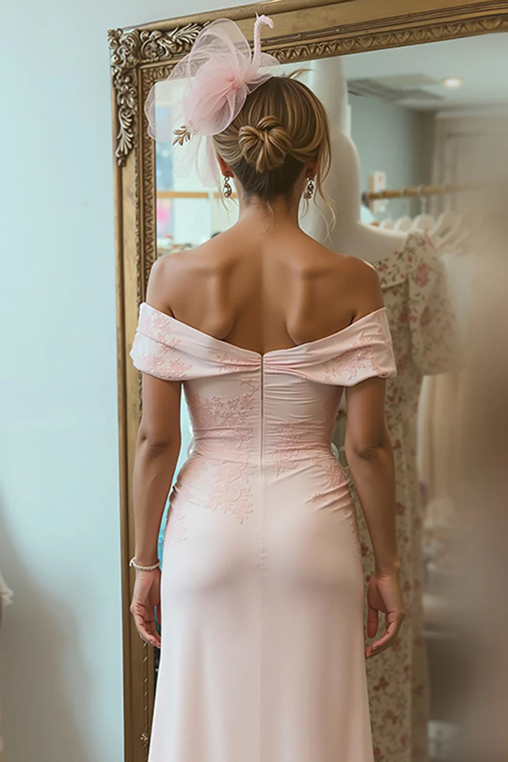 Fard à joues rose fourreau dénudé de l’épaule de la mère de la mariée robe avec fente - Image 4