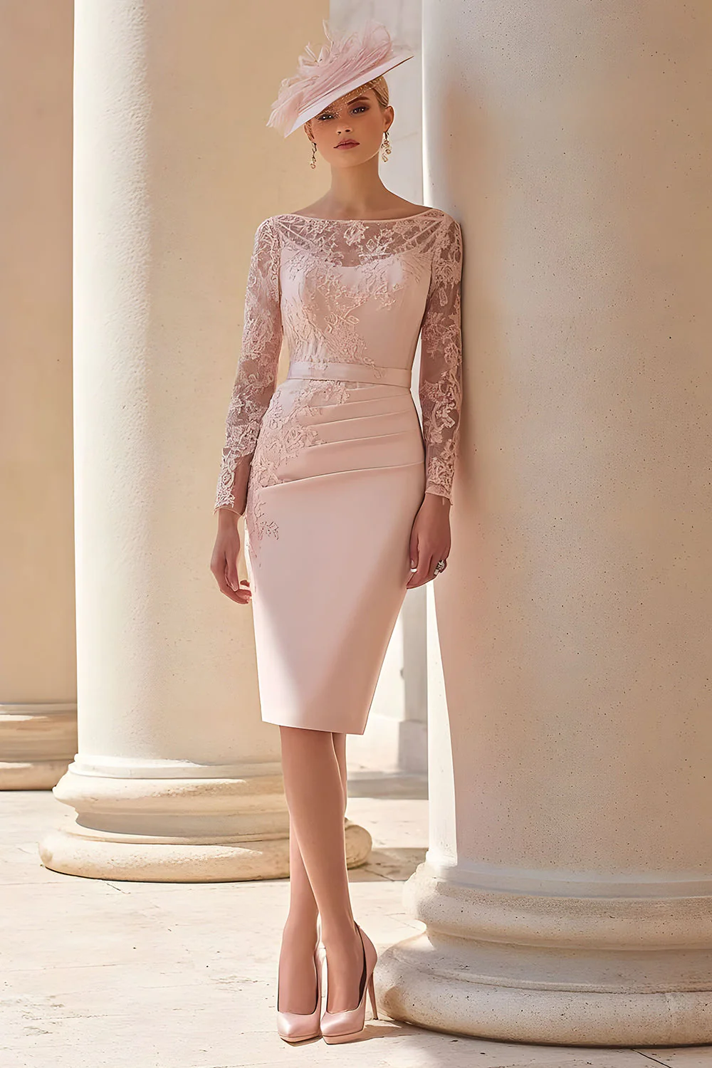 Fard à joues rose illusion col bateau satin midi robe mère de la mariée avec dentelle