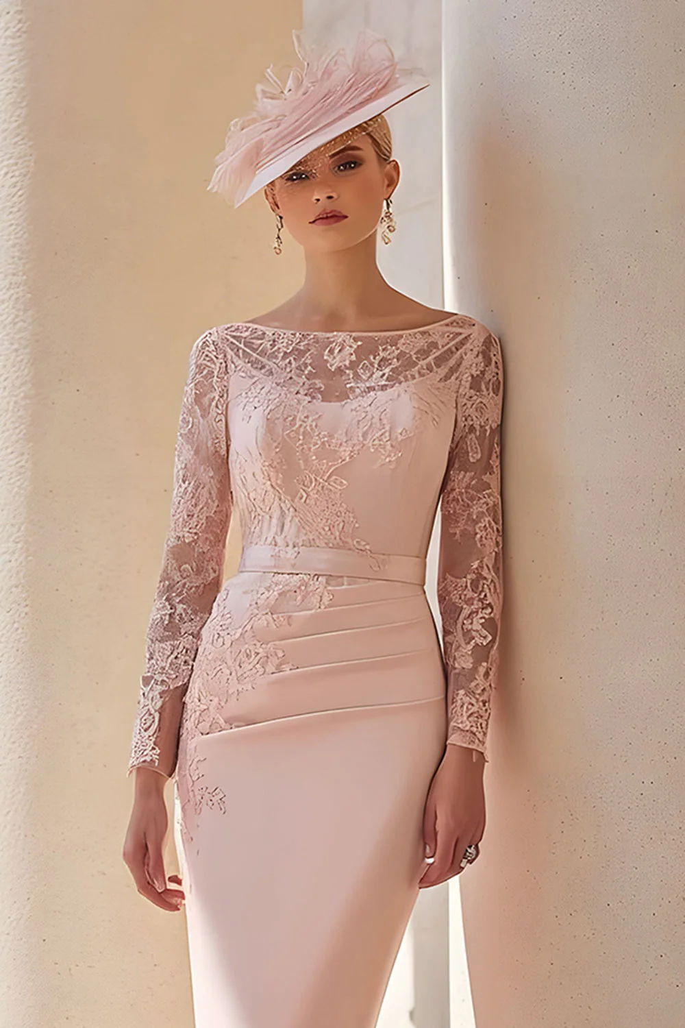 Fard à joues rose illusion col bateau satin midi robe mère de la mariée avec dentelle - Image 2