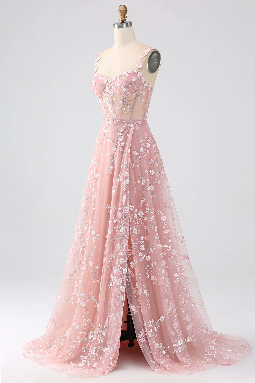Robe de soirée à paillettes A-line avec bretelles spaghetti corset et fente - Image 5