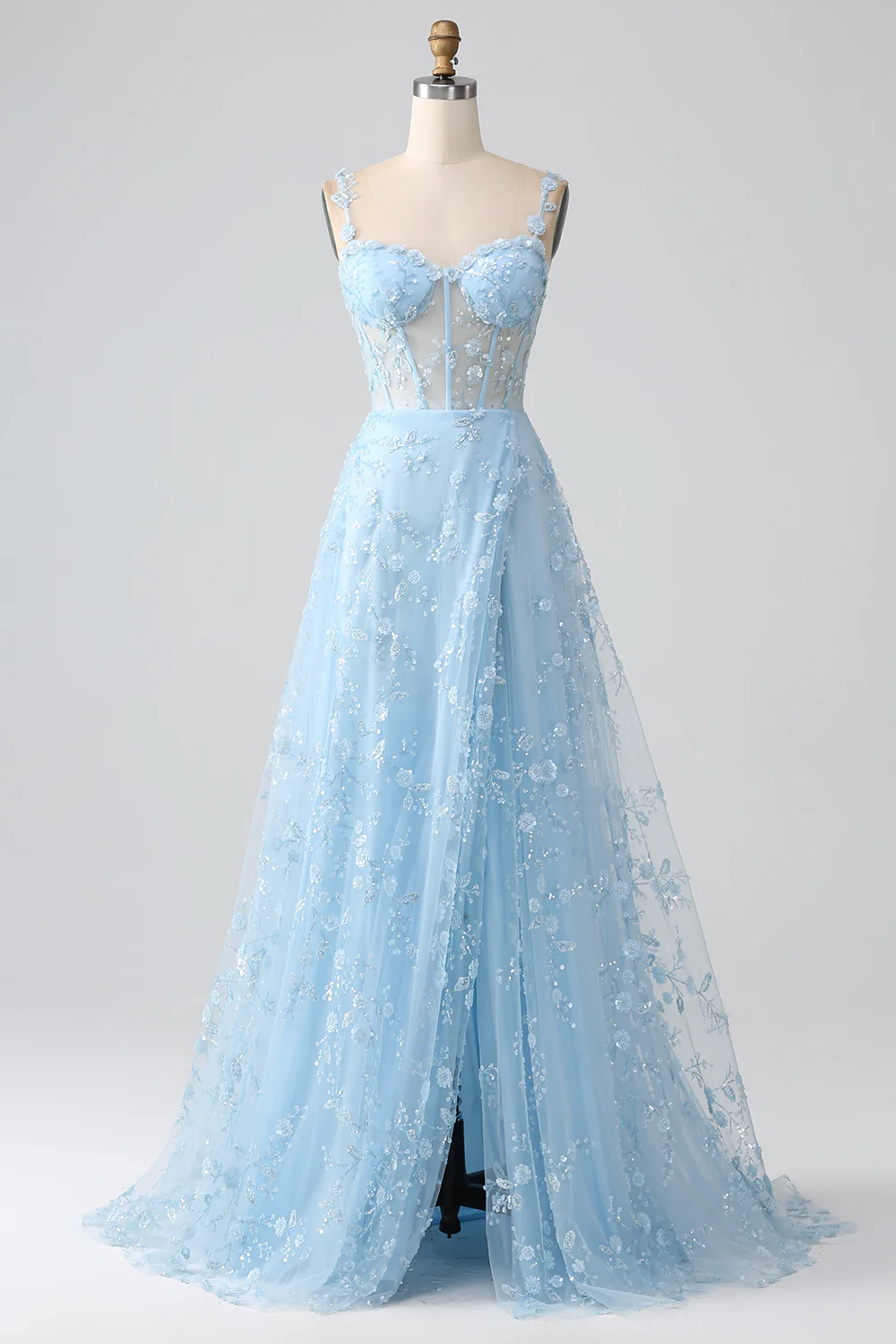 Robe de soirée à paillettes A-line avec bretelles spaghetti corset et fente - Image 9
