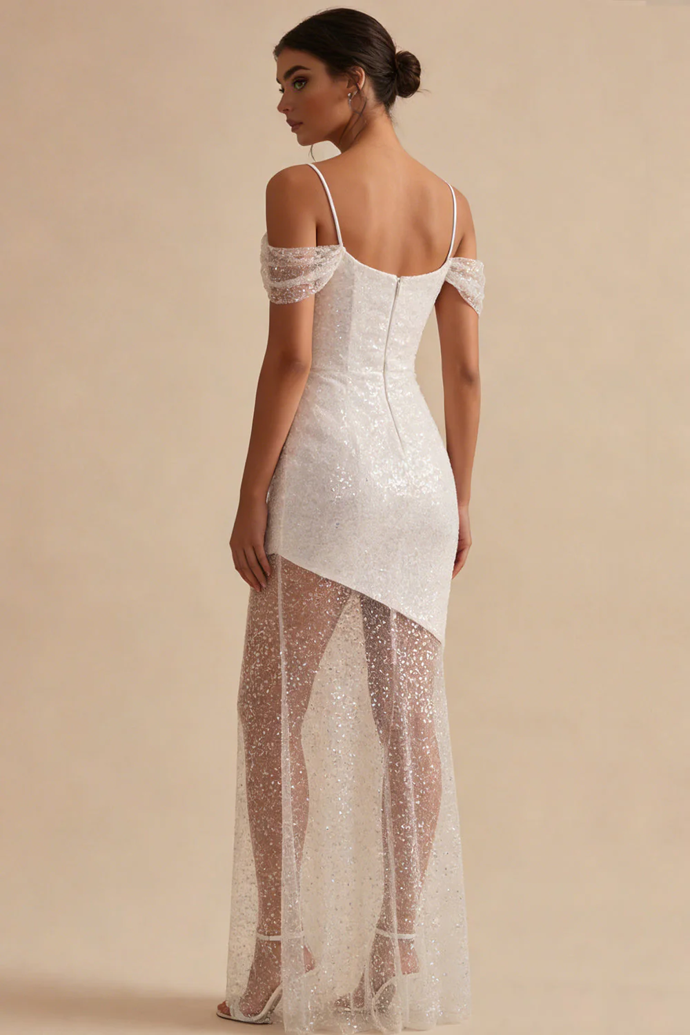 Fête nuptiale longue à fourreau blanc blanc scintillant Cold Shoulder Long avec sequins - Image 2