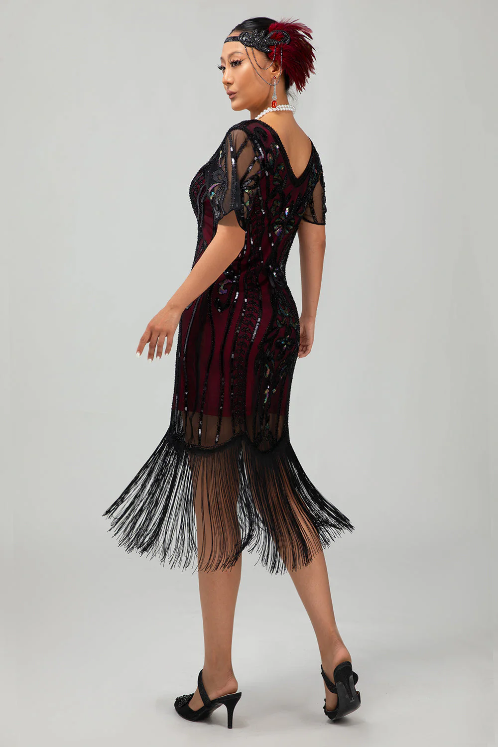 Flapper Robe moulante à franges à sequins bordeaux des années 1920 - Image 2