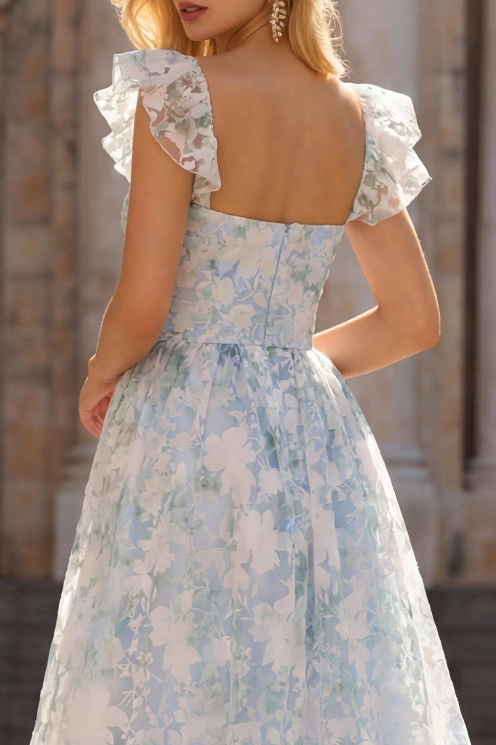 Robe de soirée longue à manches chapeau imprimé fleurs bleu clair ligne A - Image 14