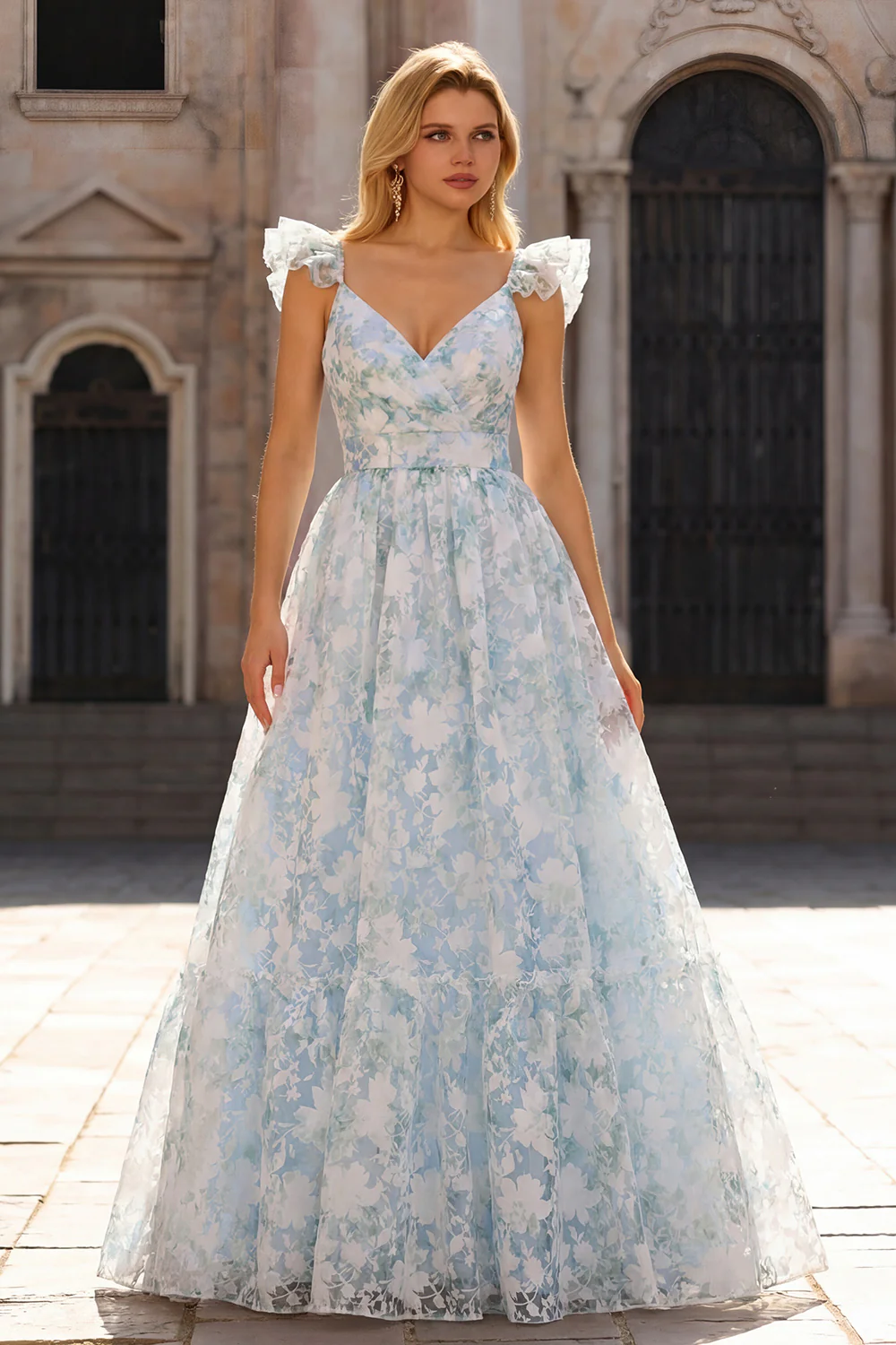Robe de soirée longue à manches chapeau imprimé fleurs bleu clair ligne A - Image 3