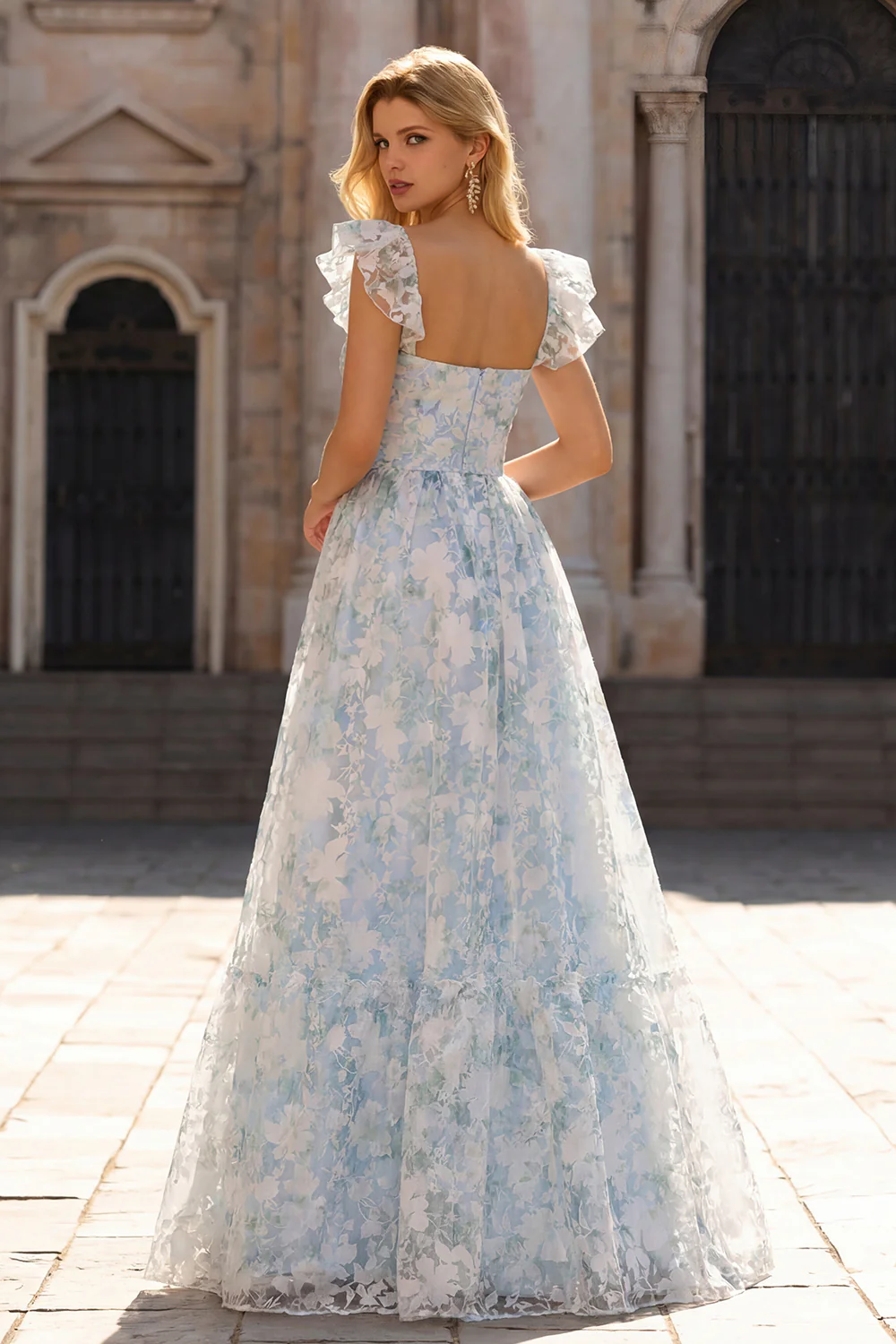Robe de soirée longue à manches chapeau imprimé fleurs bleu clair ligne A - Image 4