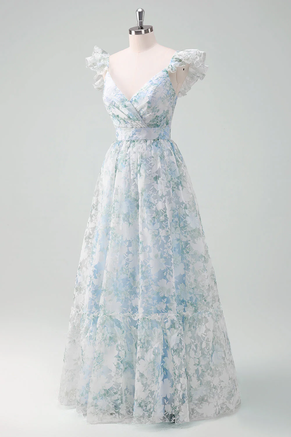 Robe de soirée longue à manches chapeau imprimé fleurs bleu clair ligne A - Image 5
