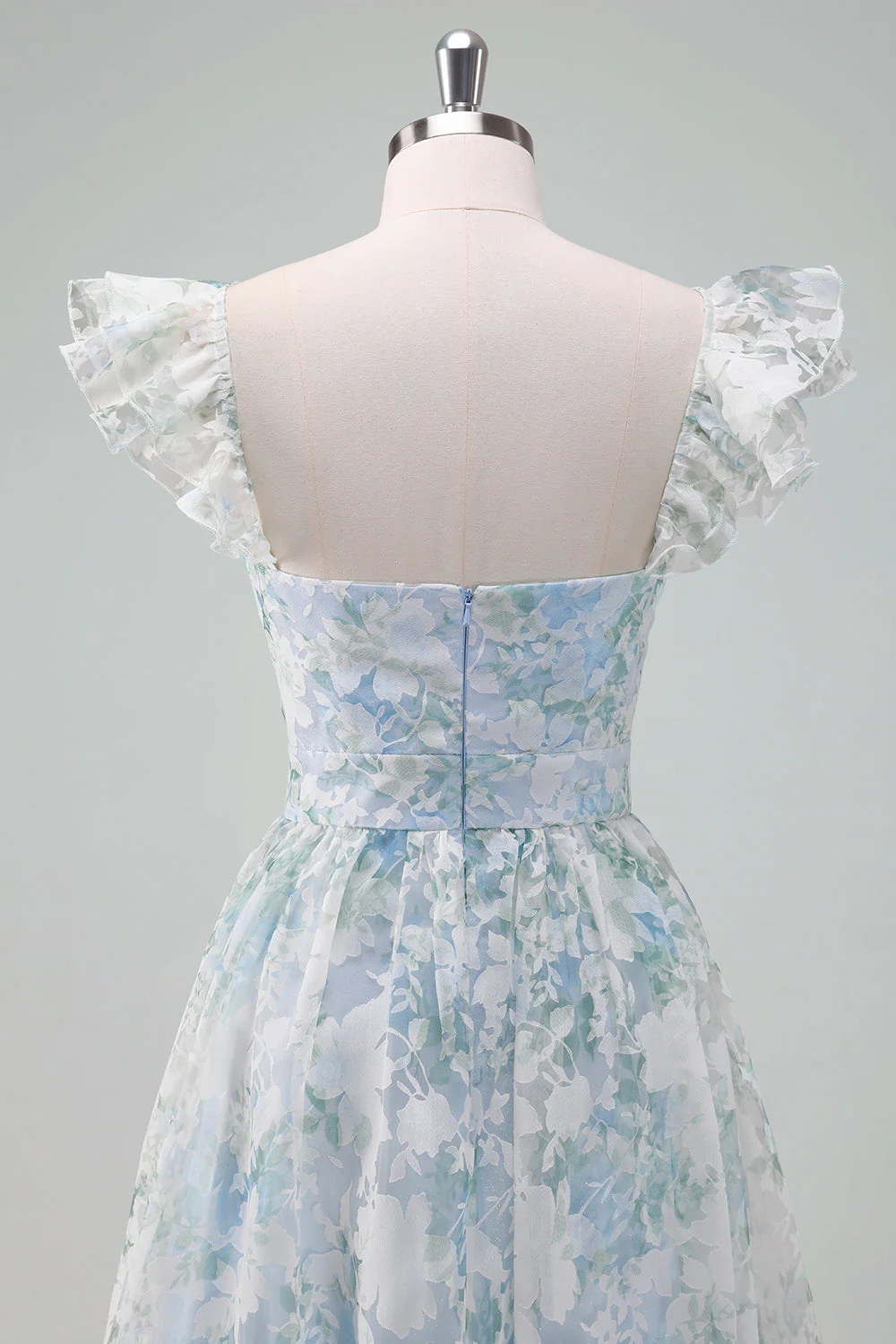 Robe de soirée longue à manches chapeau imprimé fleurs bleu clair ligne A - Image 7