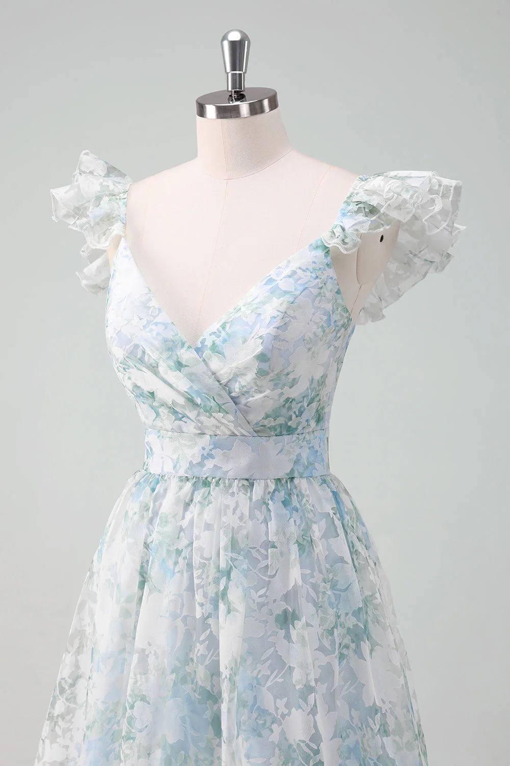 Robe de soirée longue à manches chapeau imprimé fleurs bleu clair ligne A - Image 8