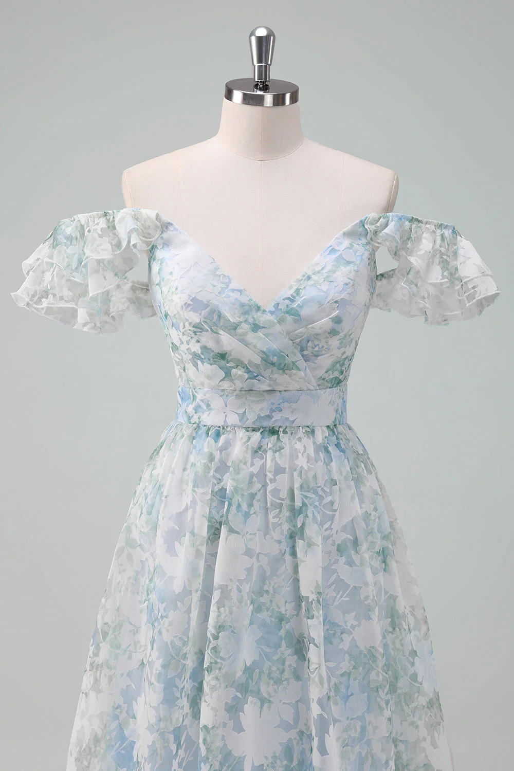 Robe de soirée longue à manches chapeau imprimé fleurs bleu clair ligne A - Image 9