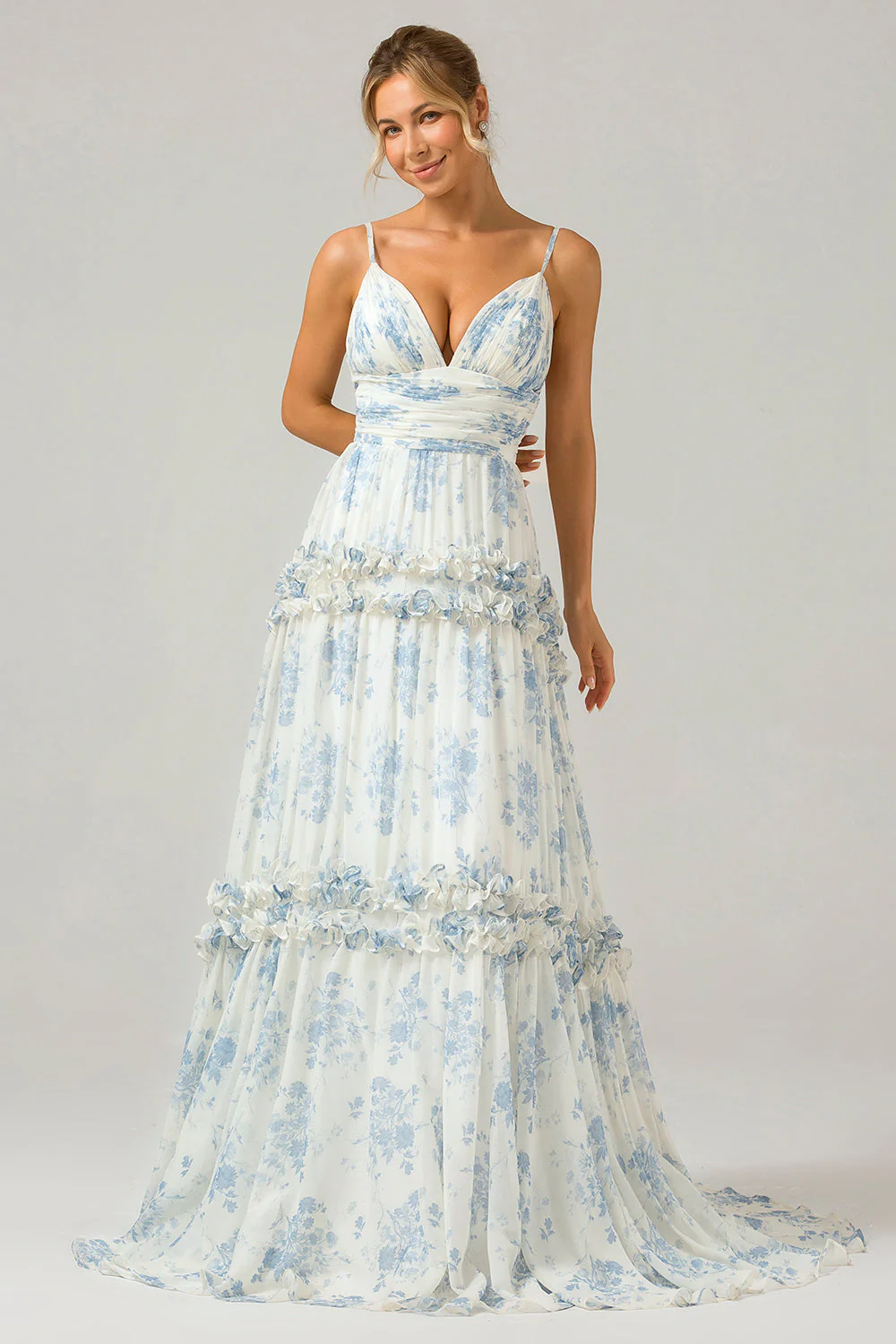 Fleur bleue blanche une ligne longue robe de demoiselle d’honneur en Tulle avec volants - Image 3