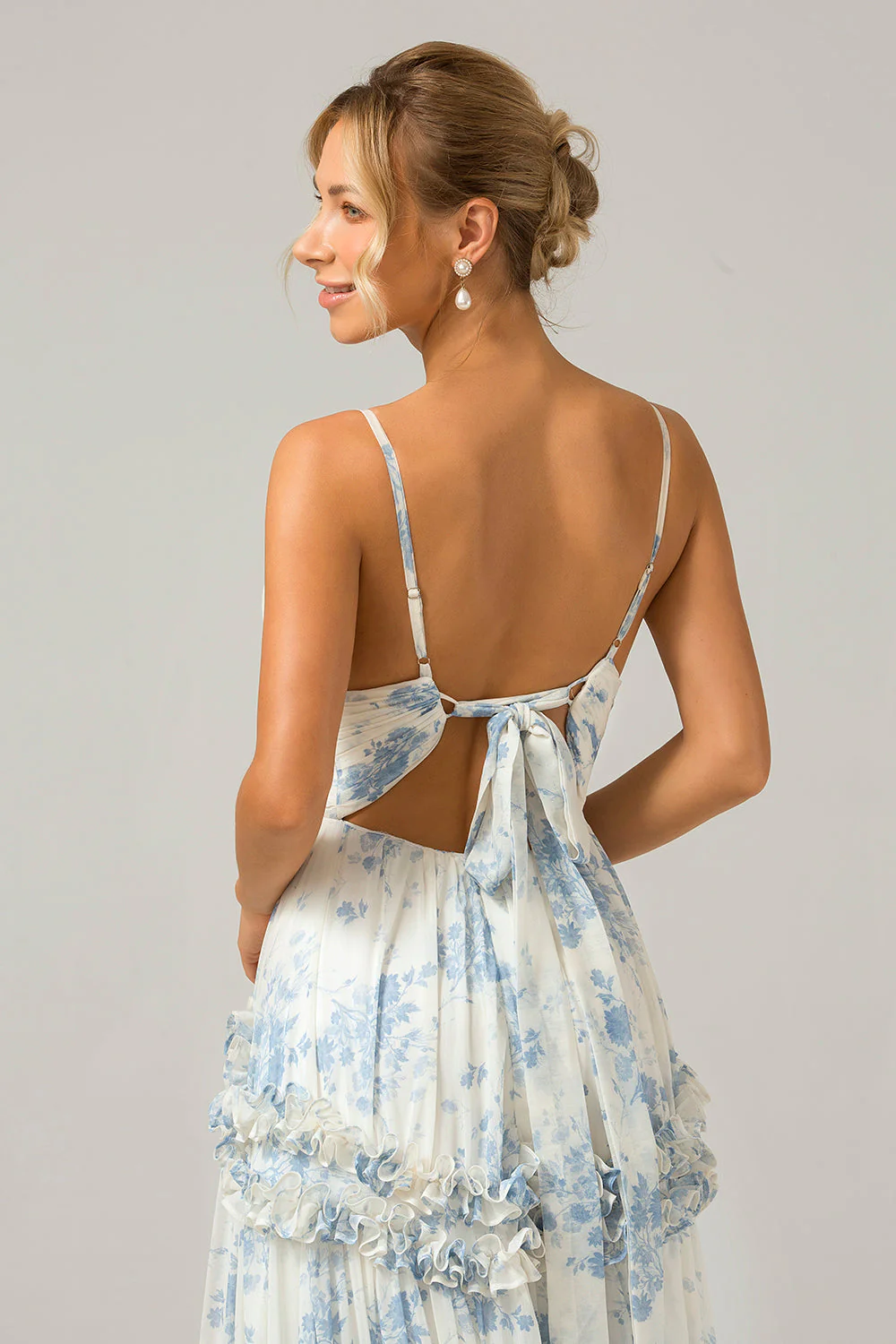 Fleur bleue blanche une ligne longue robe de demoiselle d’honneur en Tulle avec volants - Image 6